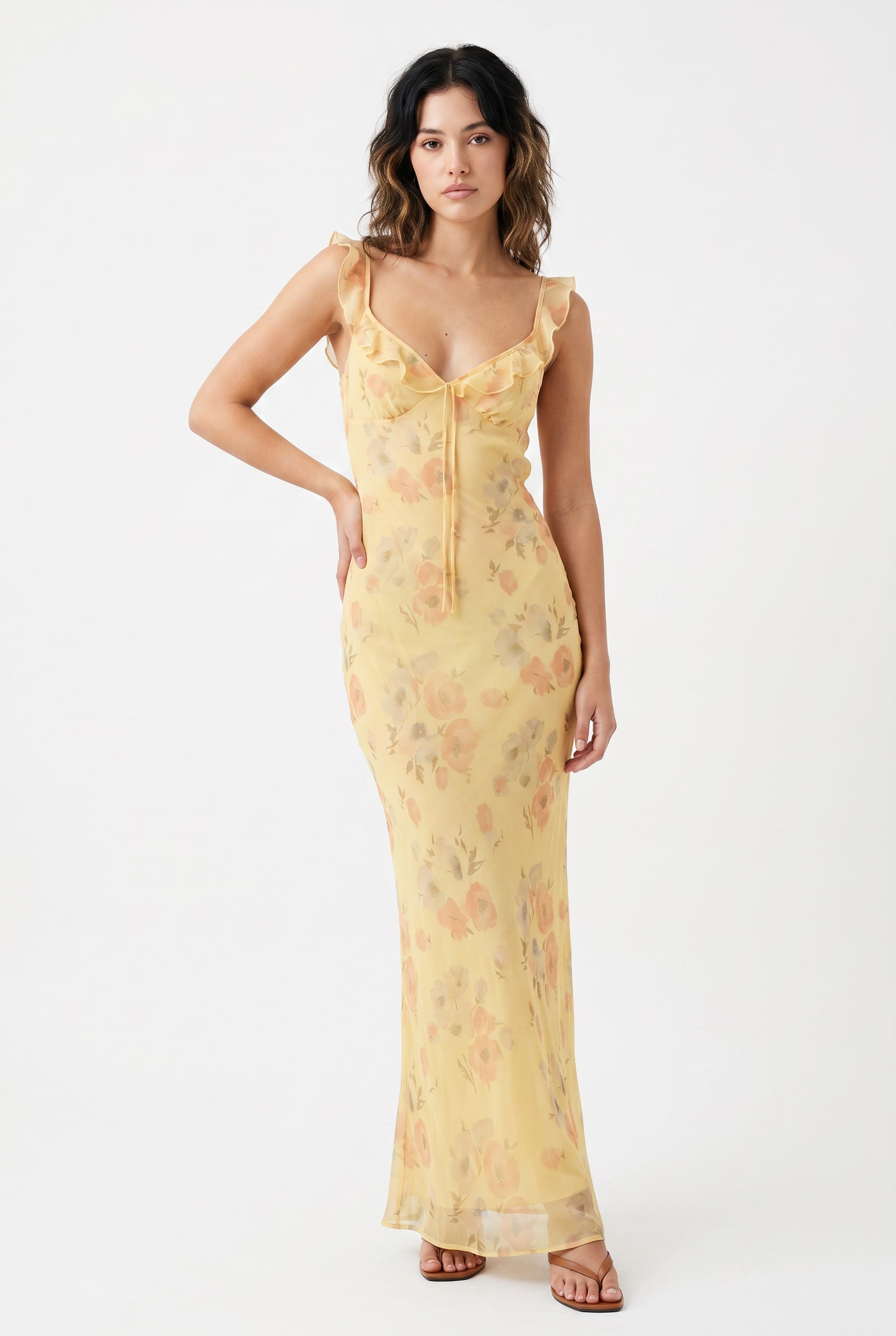 Butter Yellow Floral Ruffle Maxi Dress