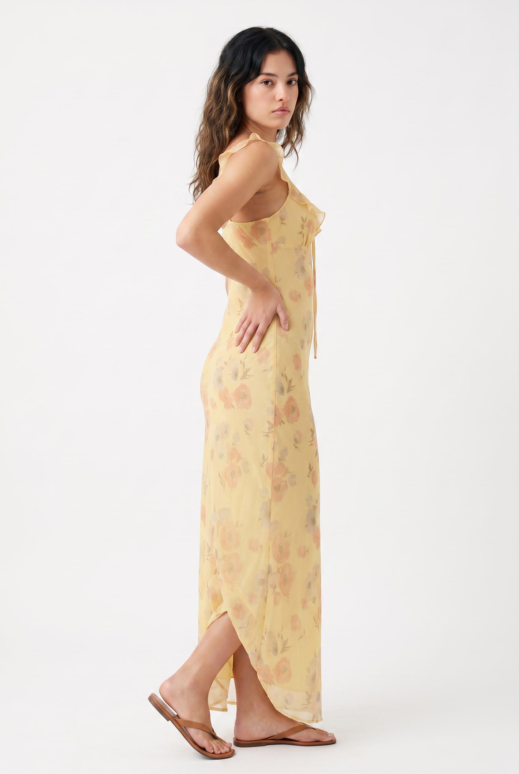Butter Yellow Floral Ruffle Maxi Dress