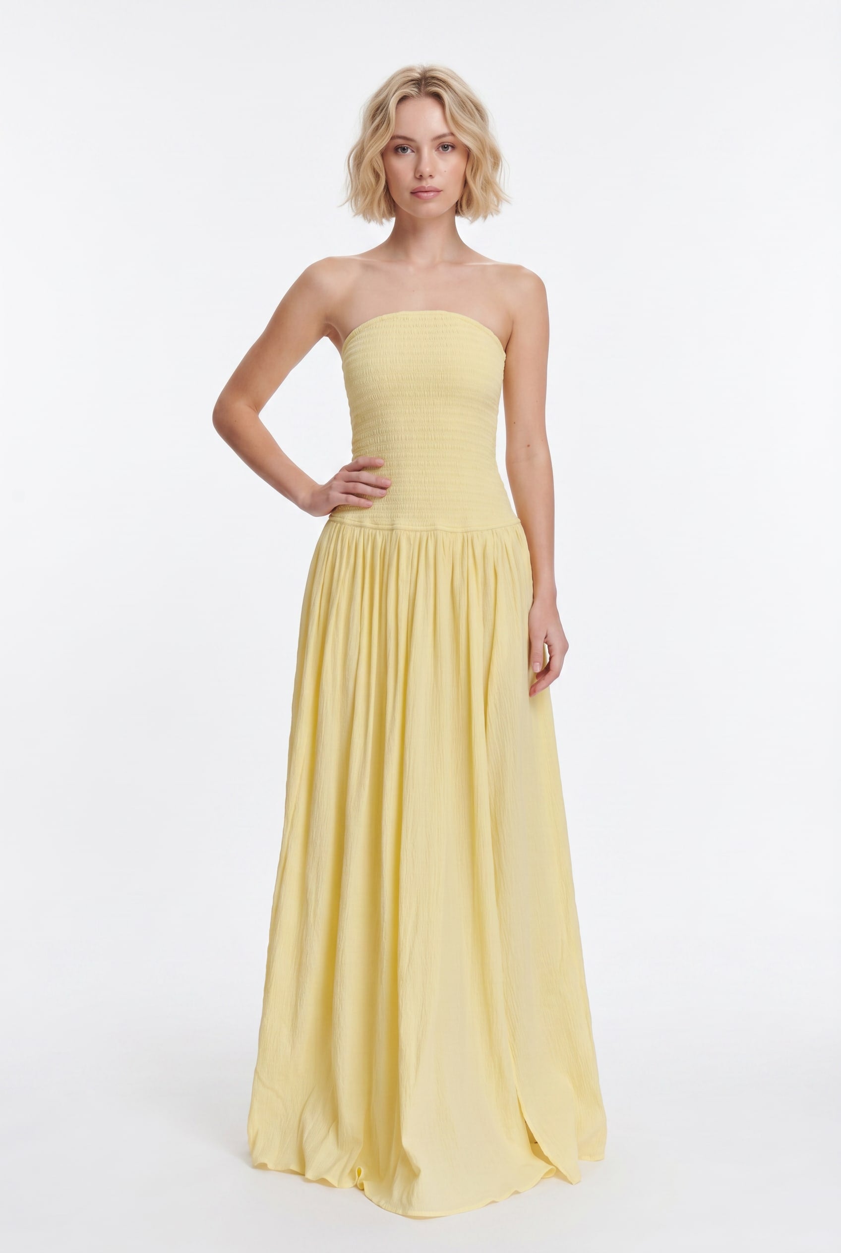 Lemon Yellow Smocked Strapless Maxi Dress