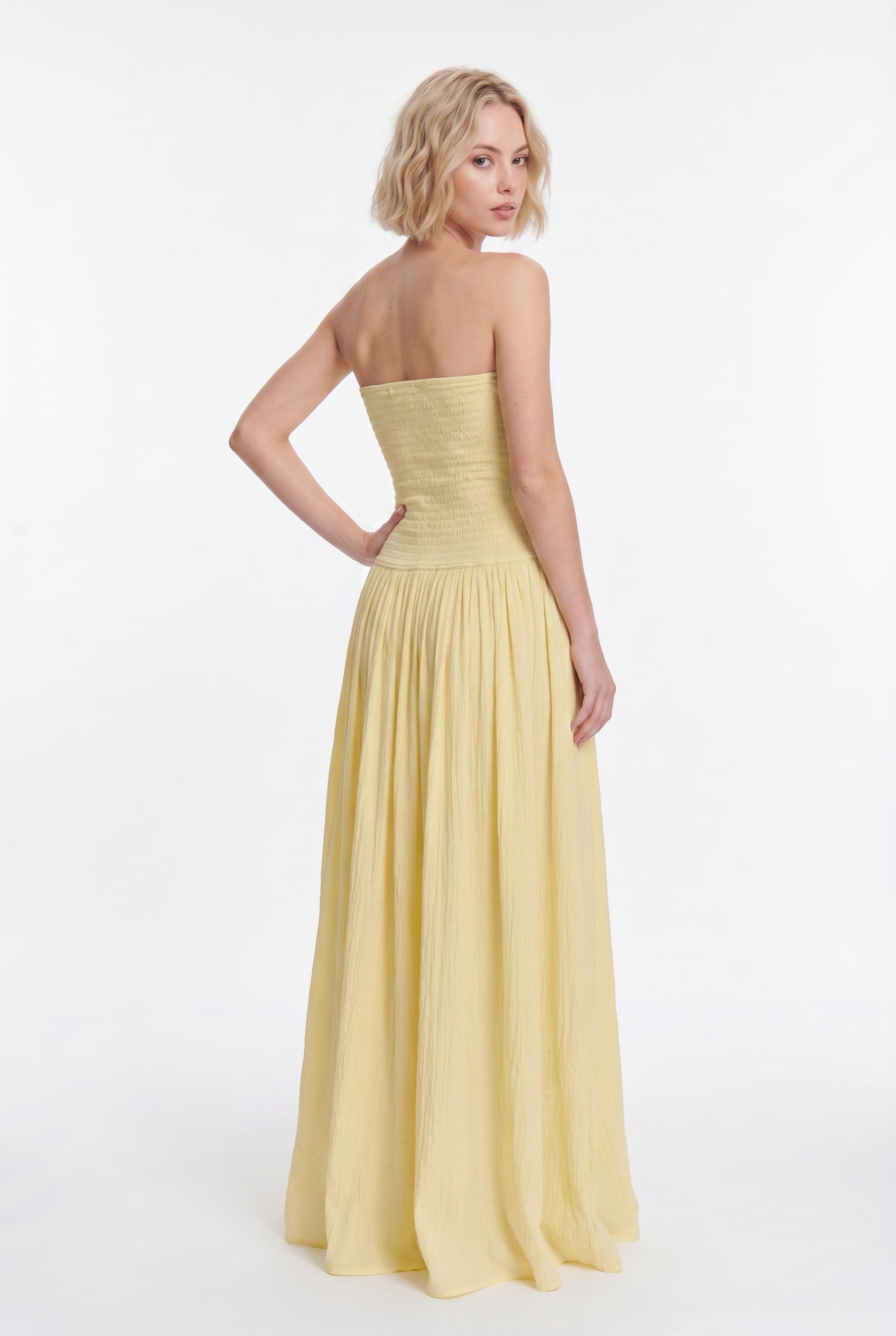 Lemon Yellow Smocked Strapless Maxi Dress