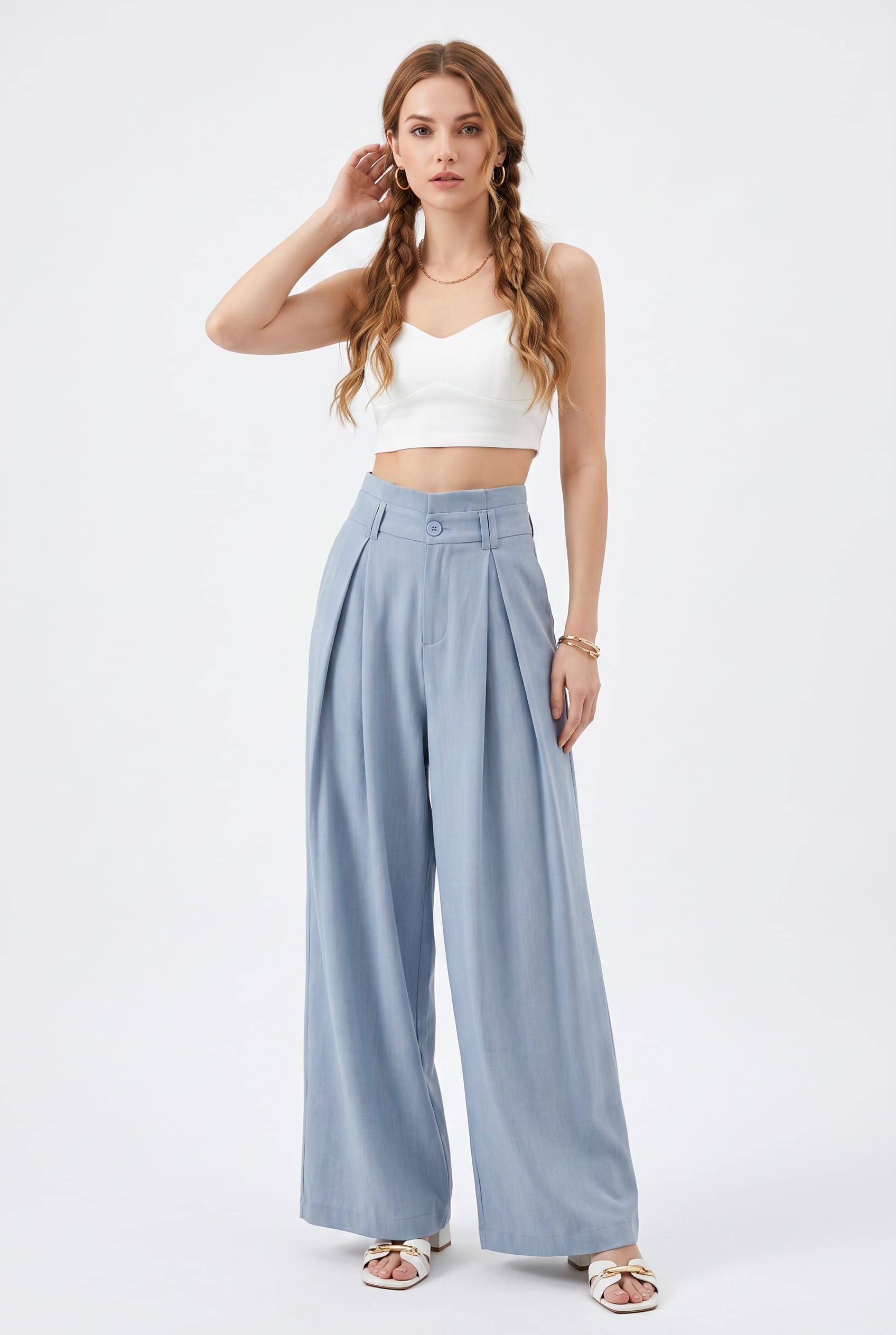 Ice Blue High-Waisted Wide Leg Trousers