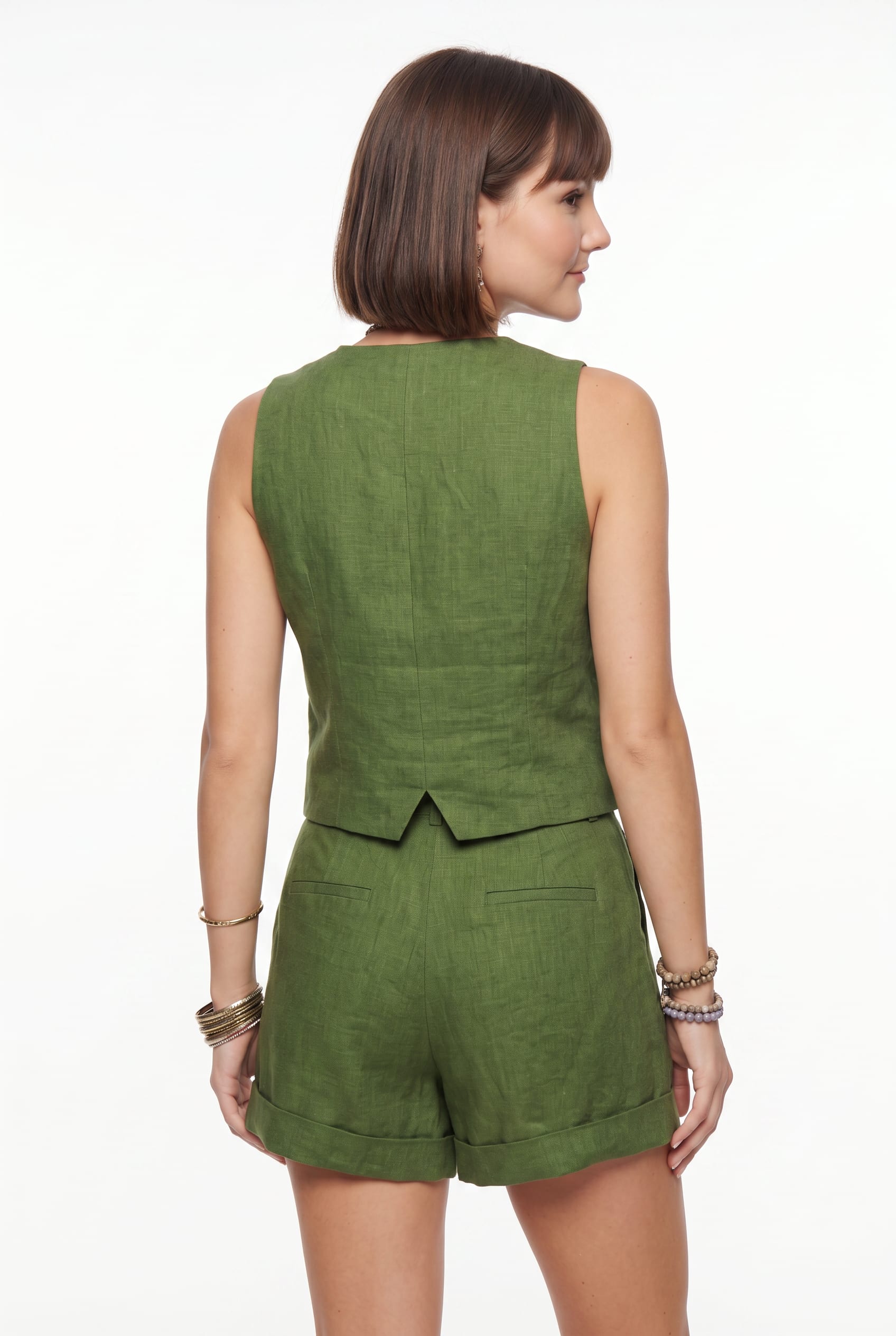Olive Green Linen Vest Short Co-ord