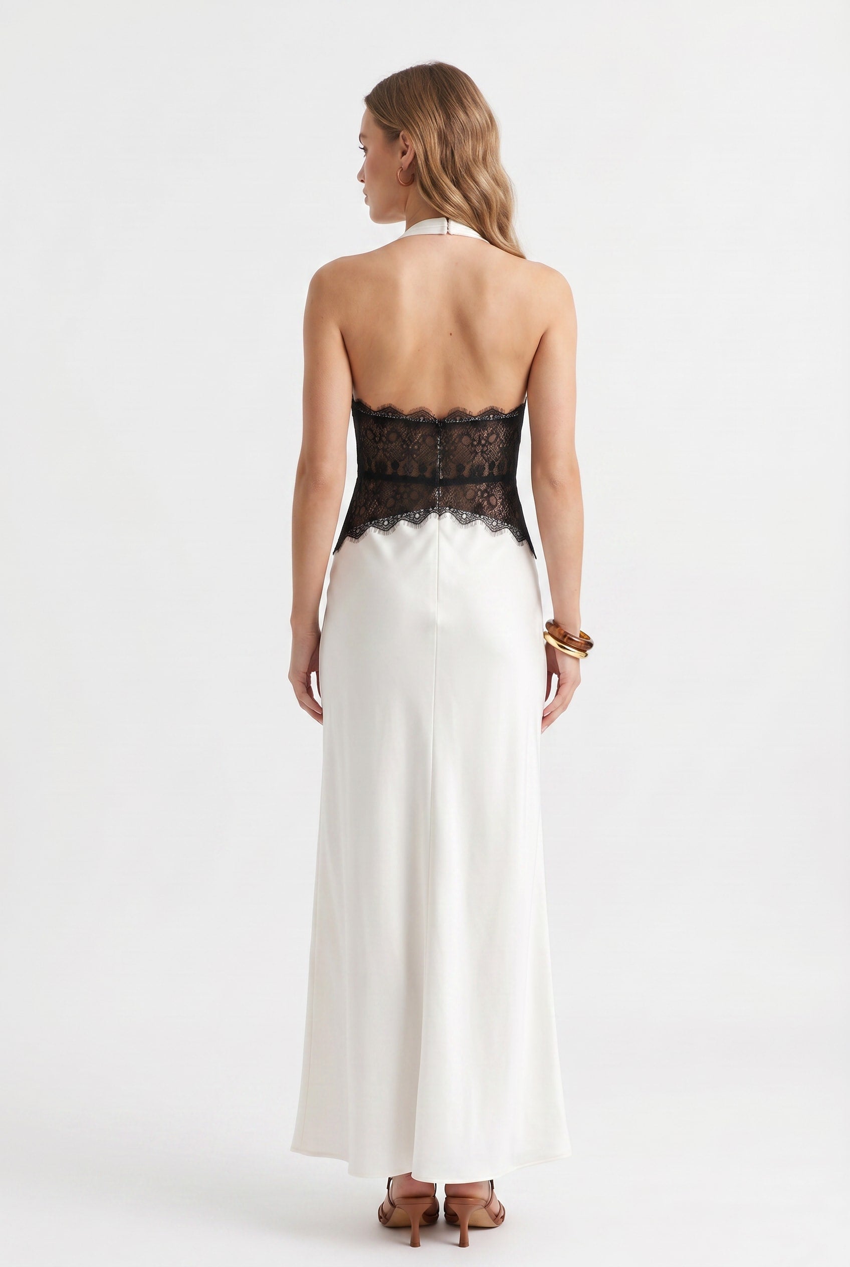 White Satin Halter Dress Black Lace