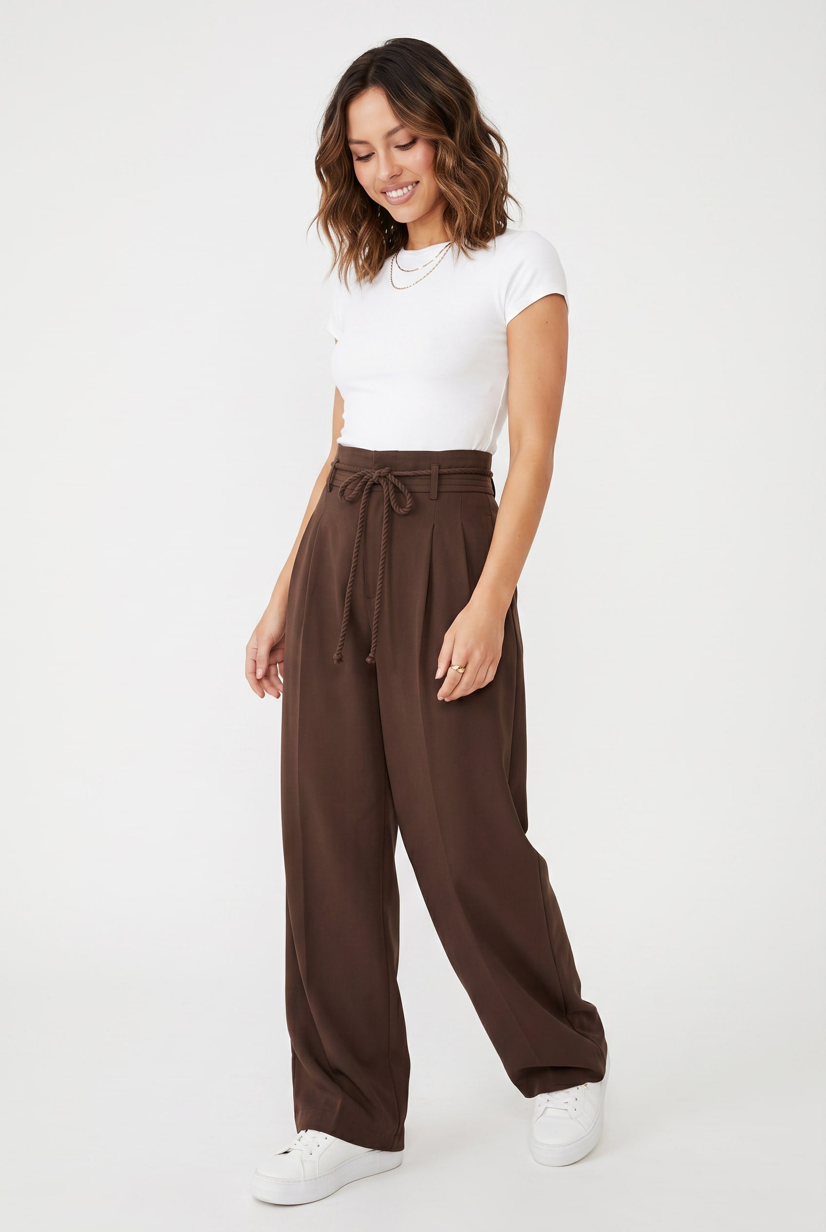 Chocolate Brown Wide Leg Pleated Trousers