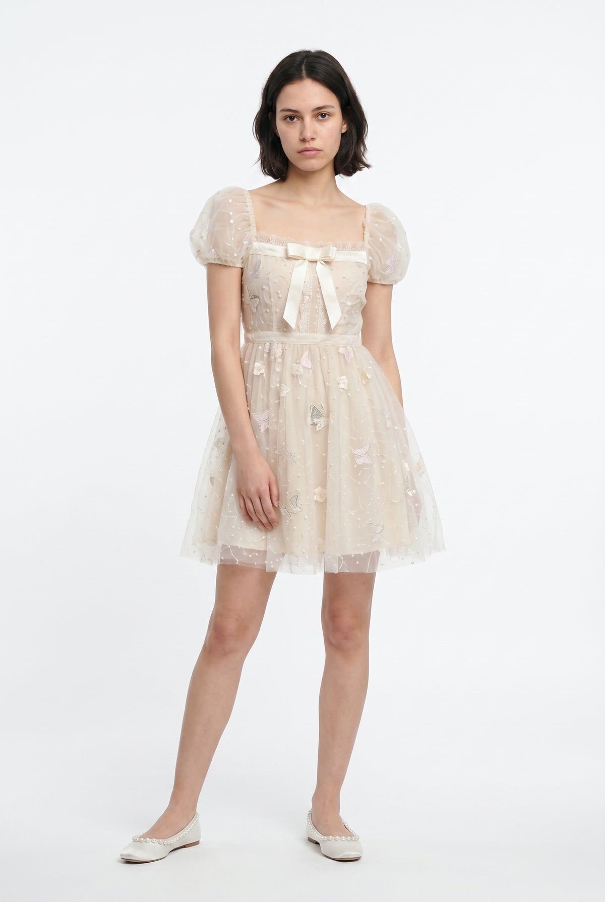 Beige Butterfly Tulle Mini Dress