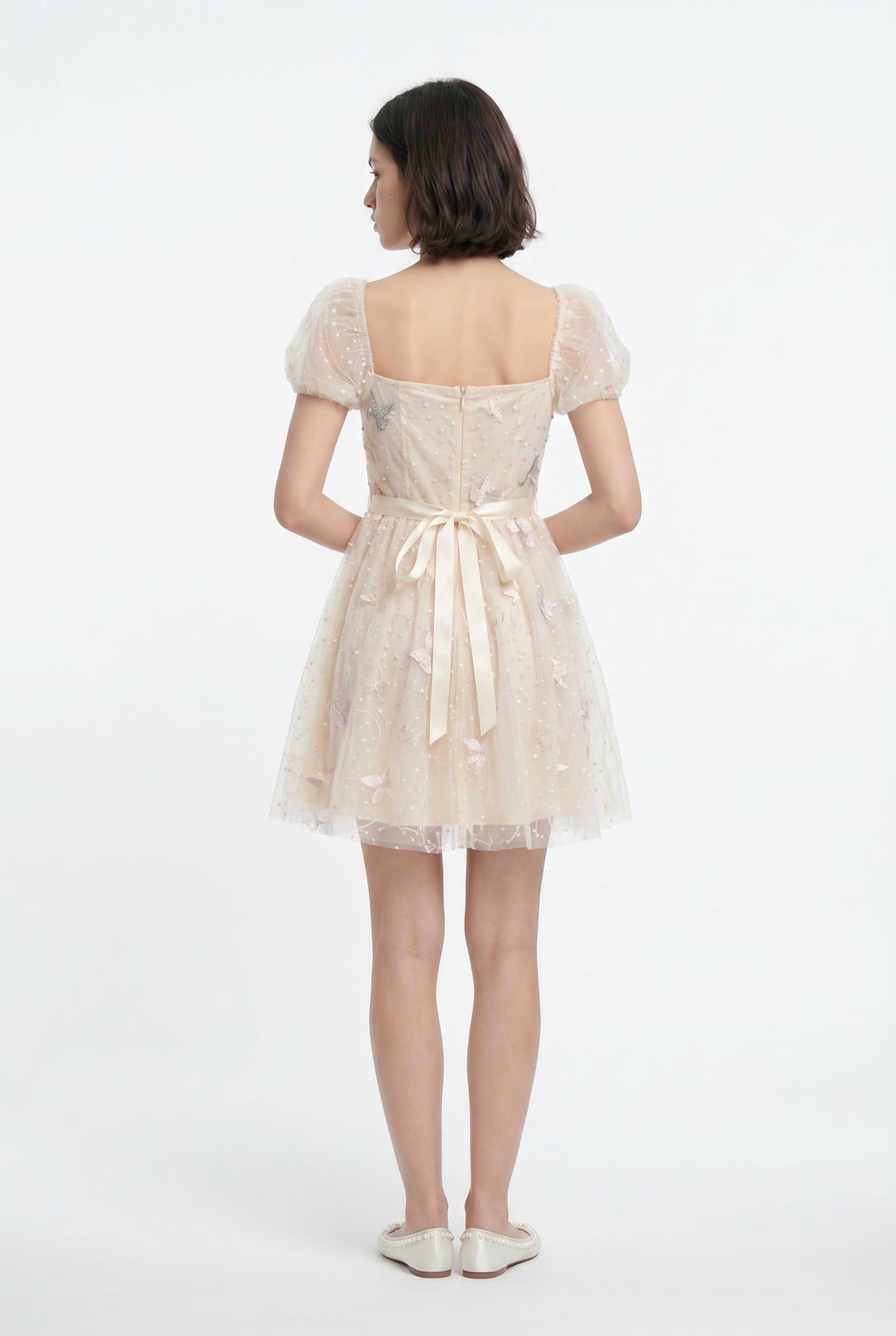 Beige Butterfly Tulle Mini Dress