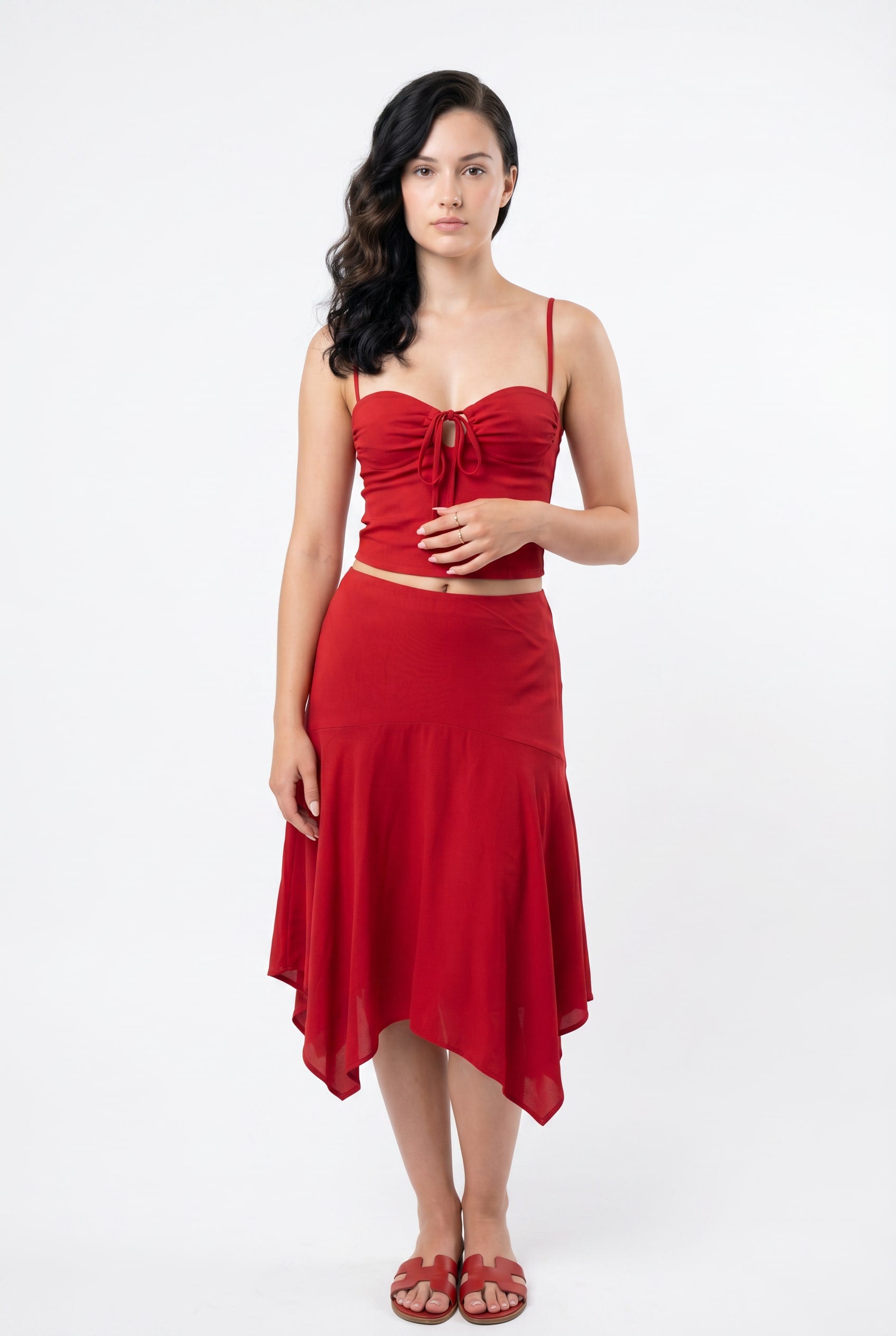 Red Two-Piece Crop Top Skirt Set