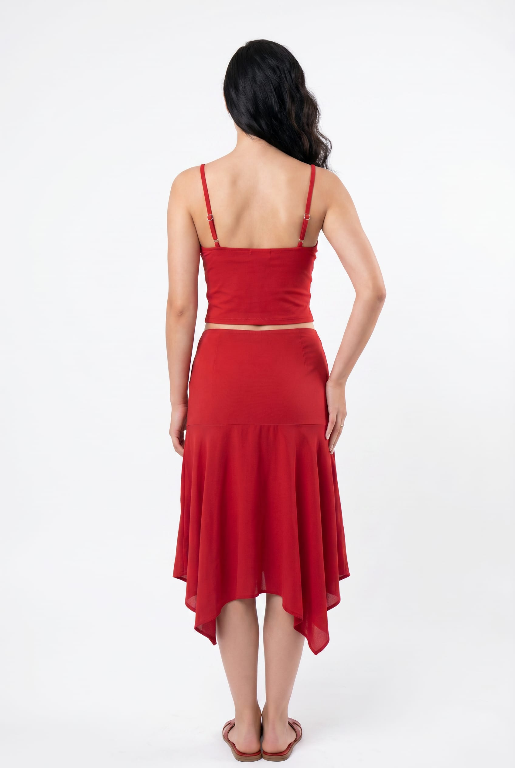 Red Two-Piece Crop Top Skirt Set