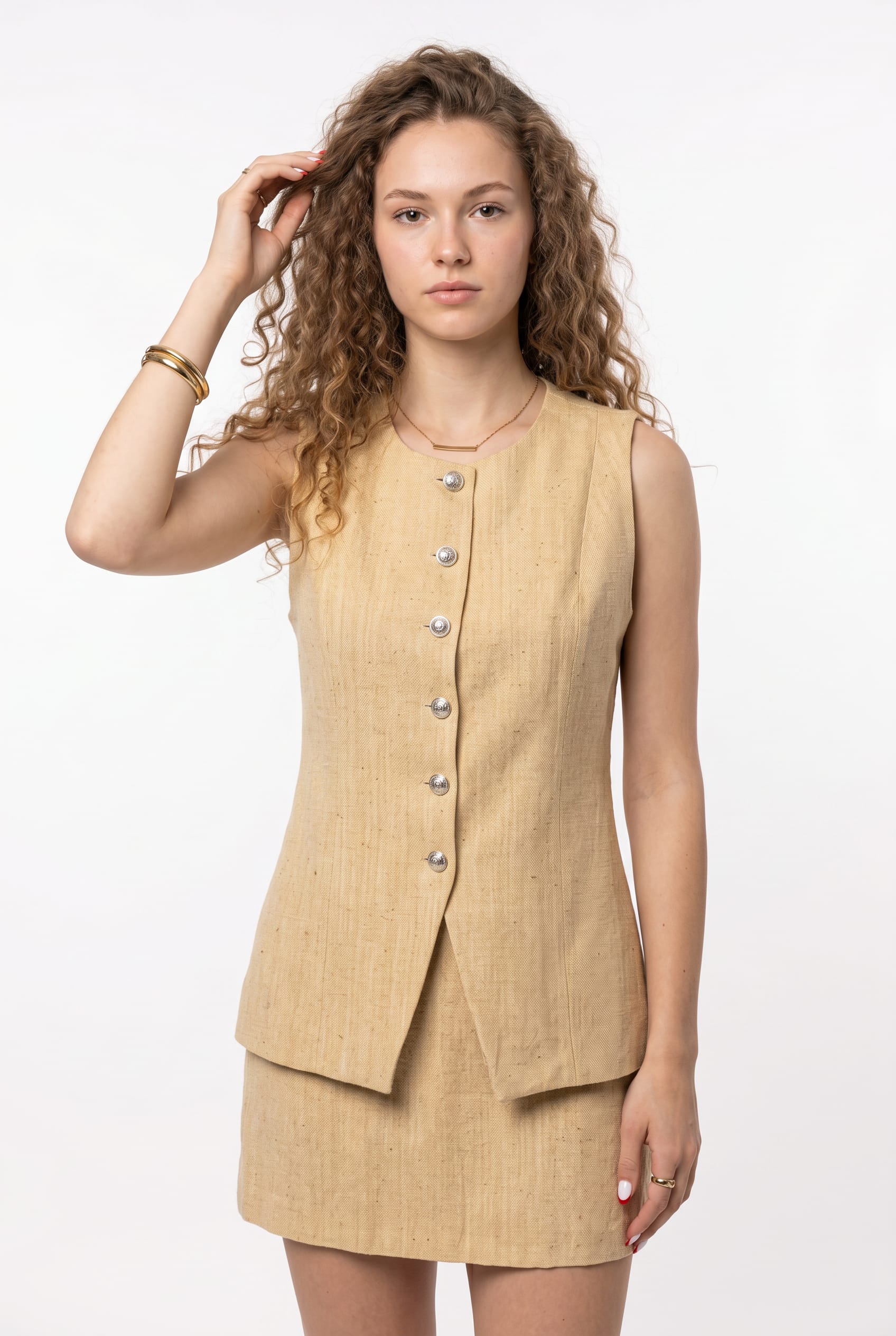 Natural Linen Button-Front Vest Co-ord Set