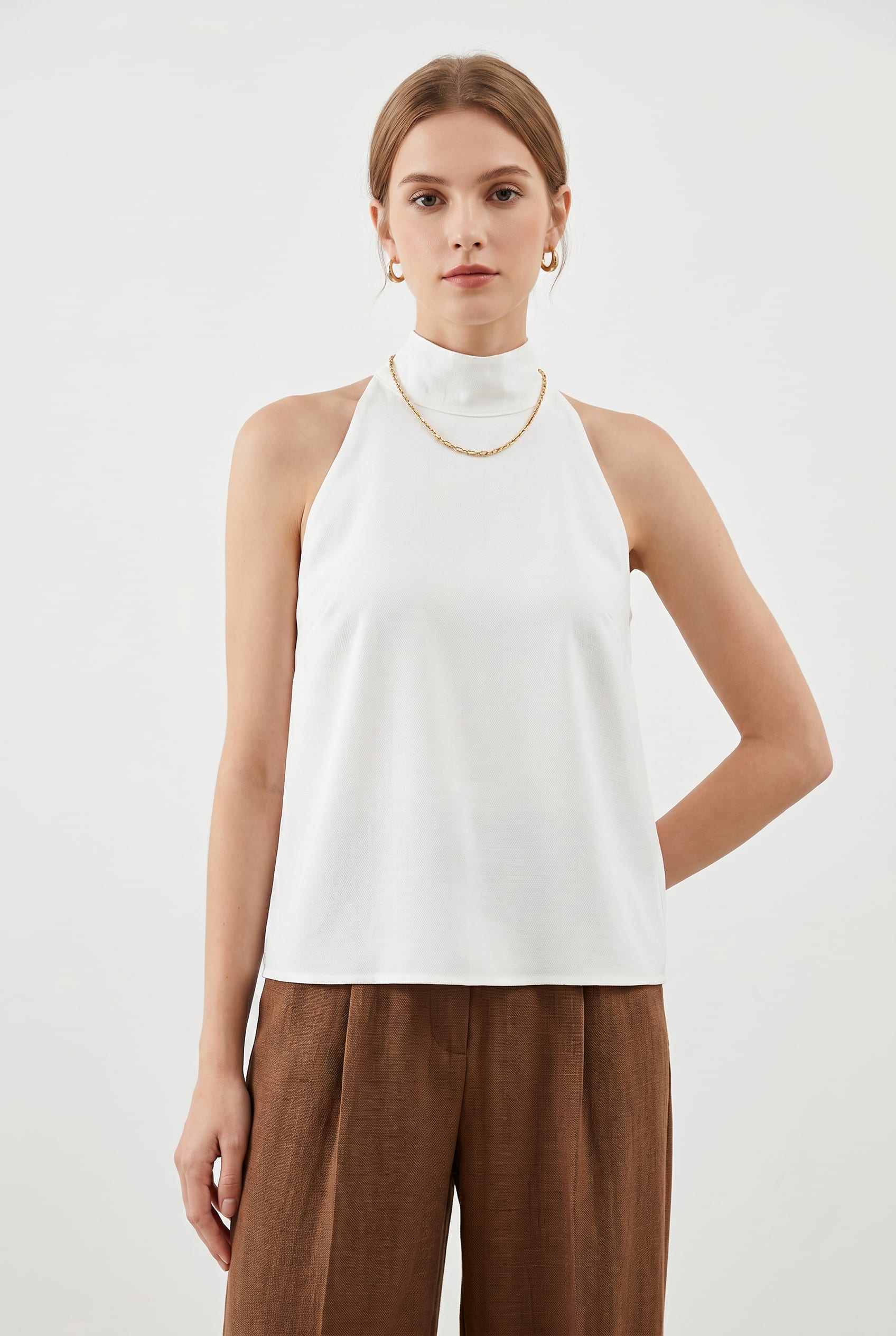 White High-Neck Halter Sleeveless Top
