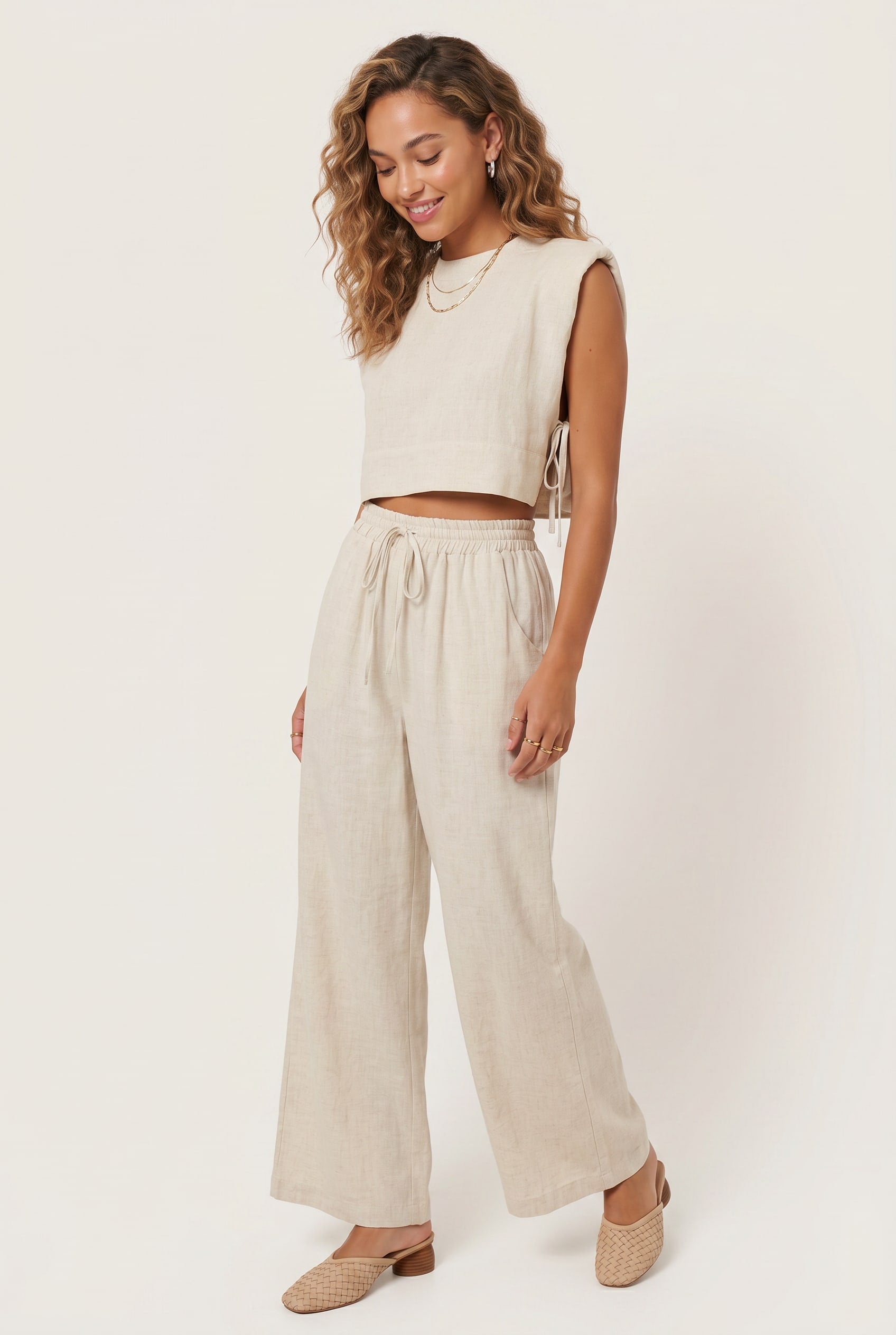 Oatmeal Linen Crop Top Wide Leg Co-ord