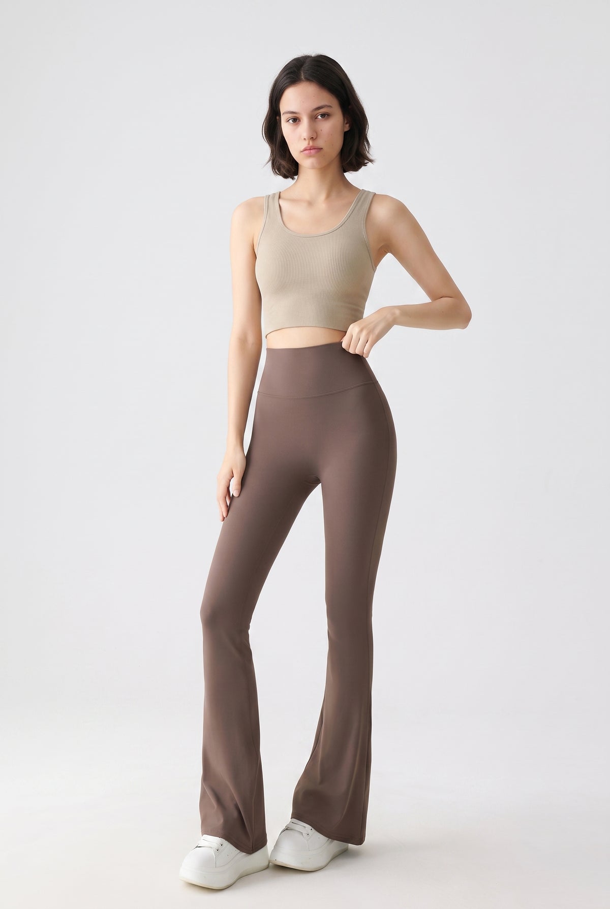 Brown Nylon High-Waist Flare Leggings