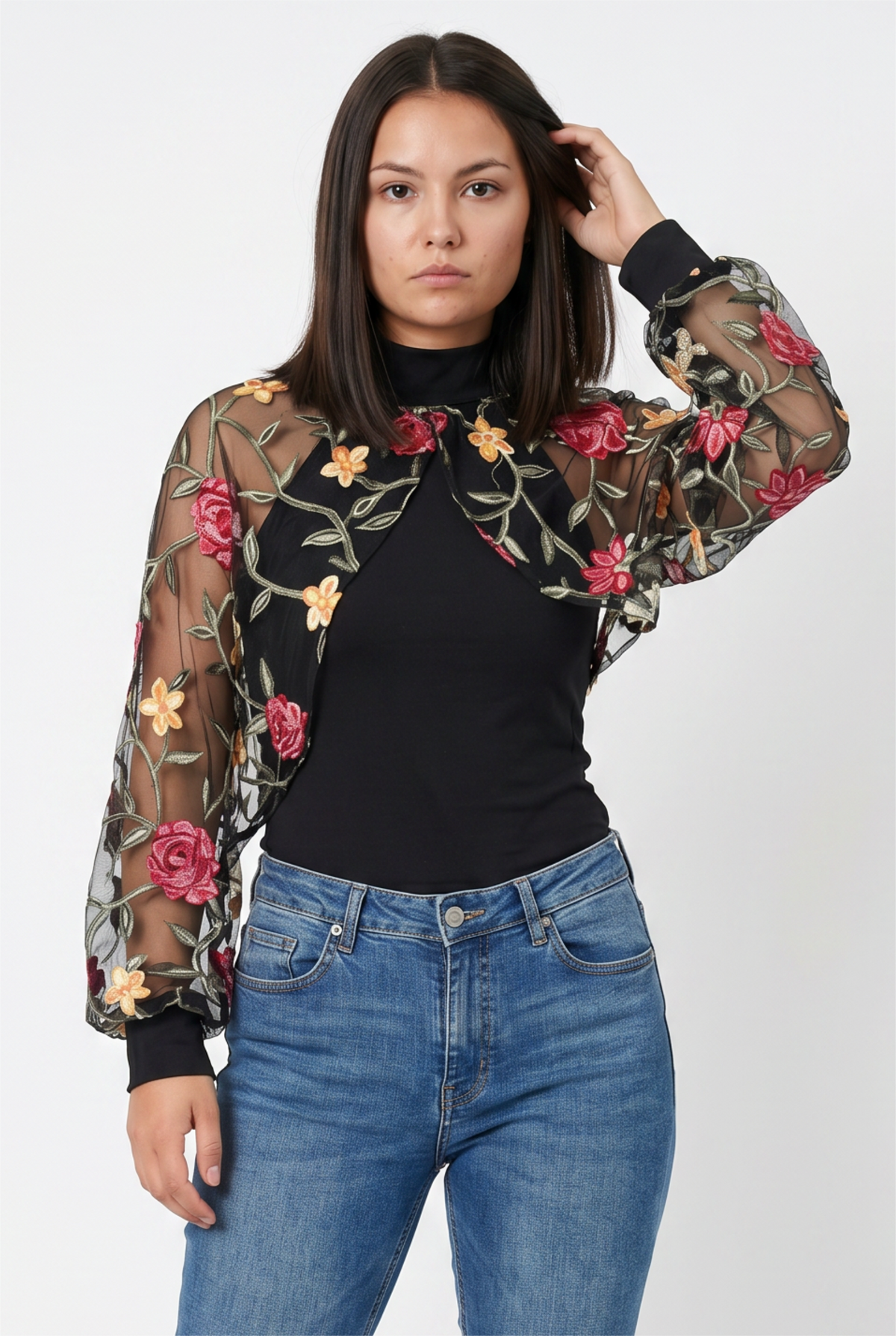 Black Floral Embroidered Mesh Bolero