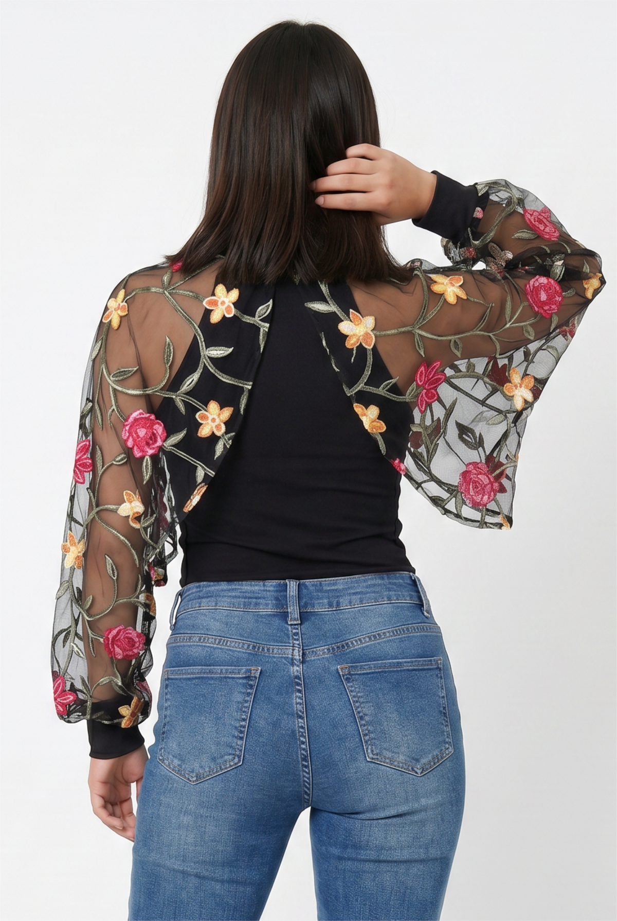 Black Floral Embroidered Mesh Bolero