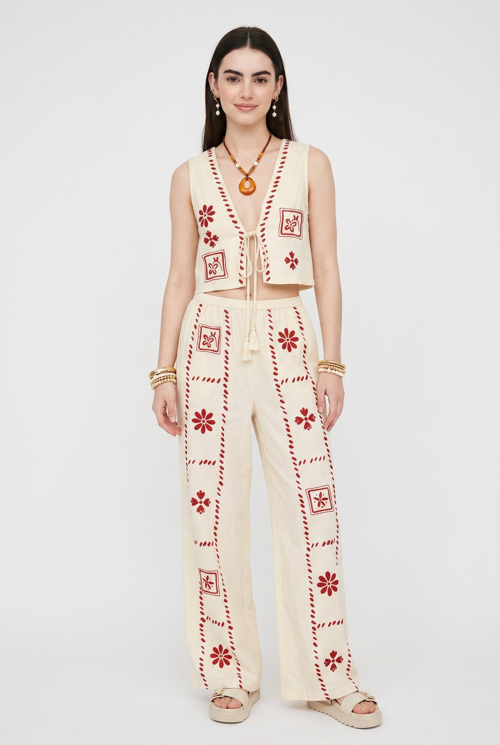 Cream Embroidered Floral Vest and Pant Set