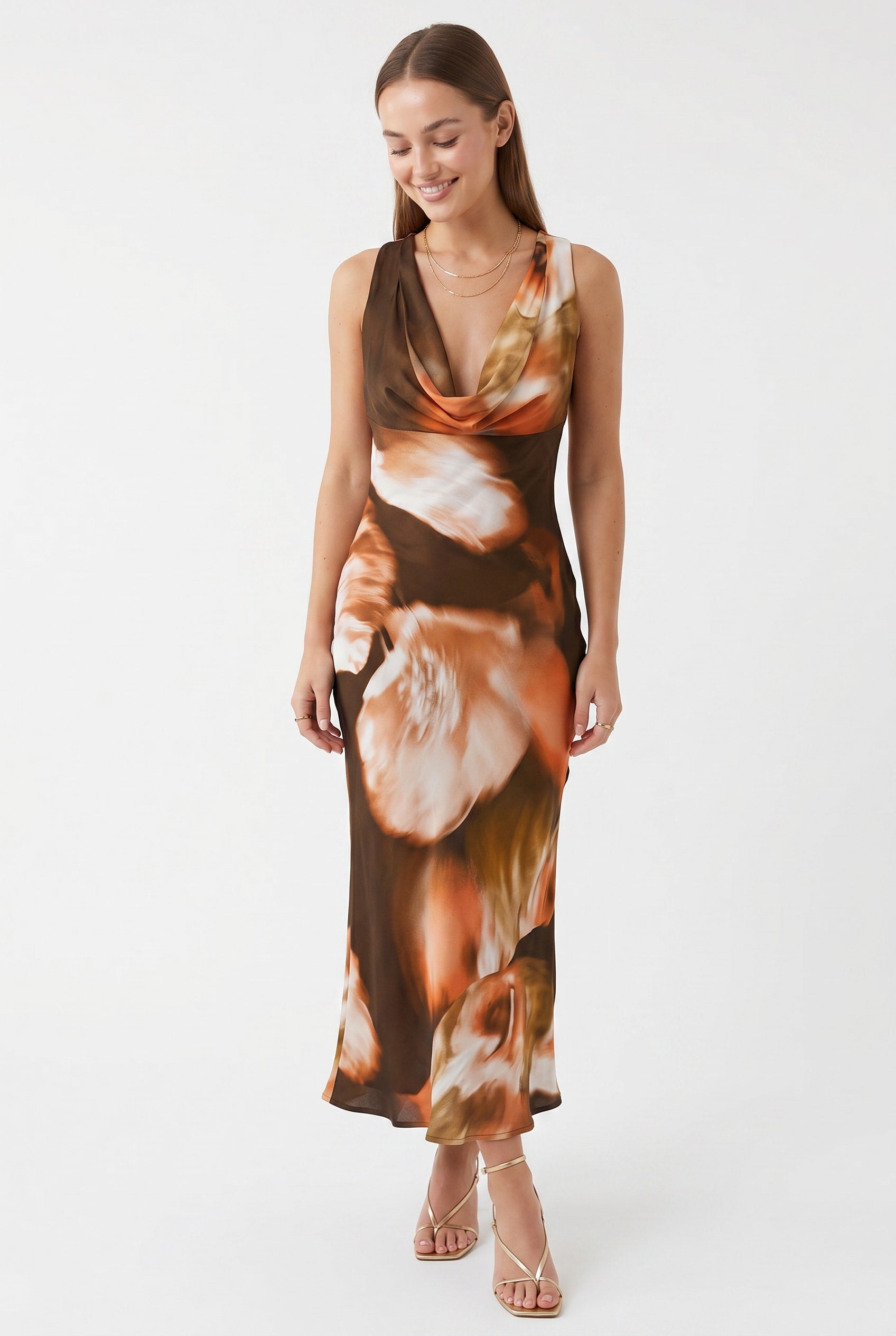Abstract Print Cowl Neck Midi Dress
