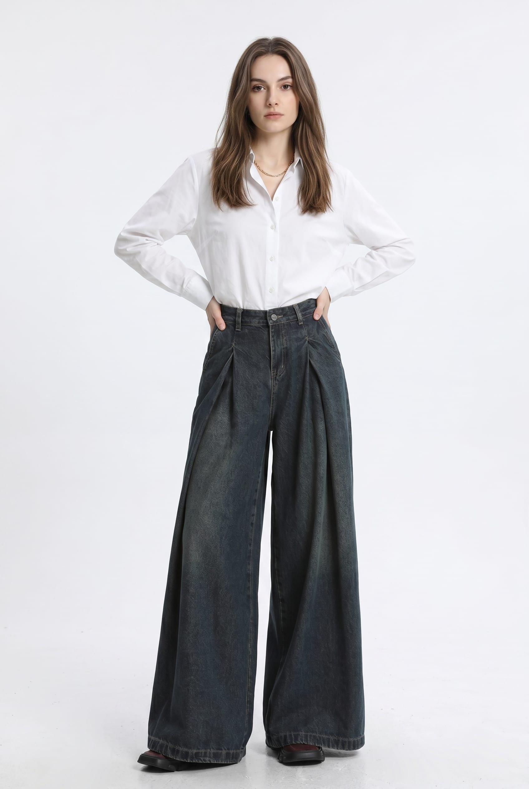 Charcoal Wide-Leg Pleated Denim Trousers