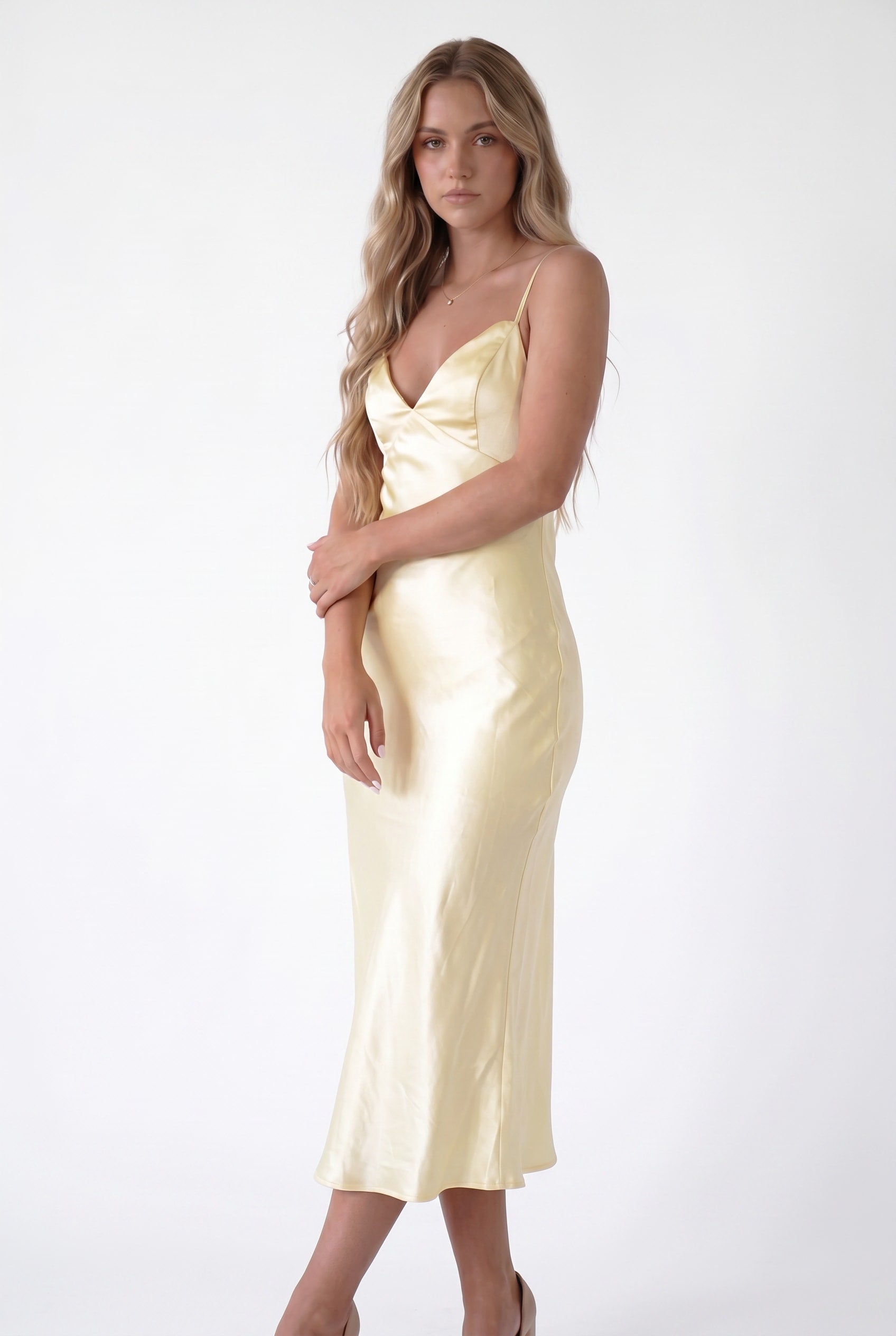Butter Yellow Satin Slip Midi Dress
