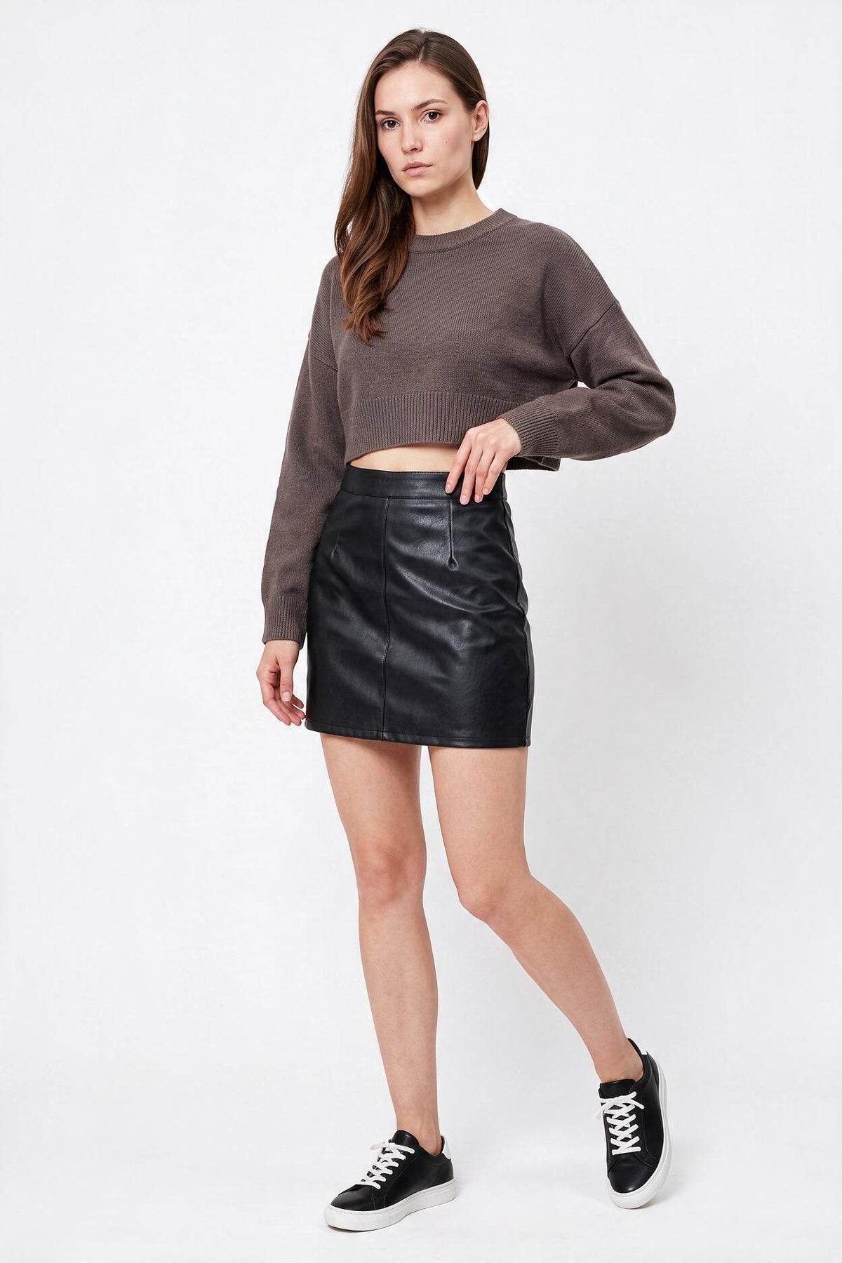 Brown Cropped Cotton Knit Sweater