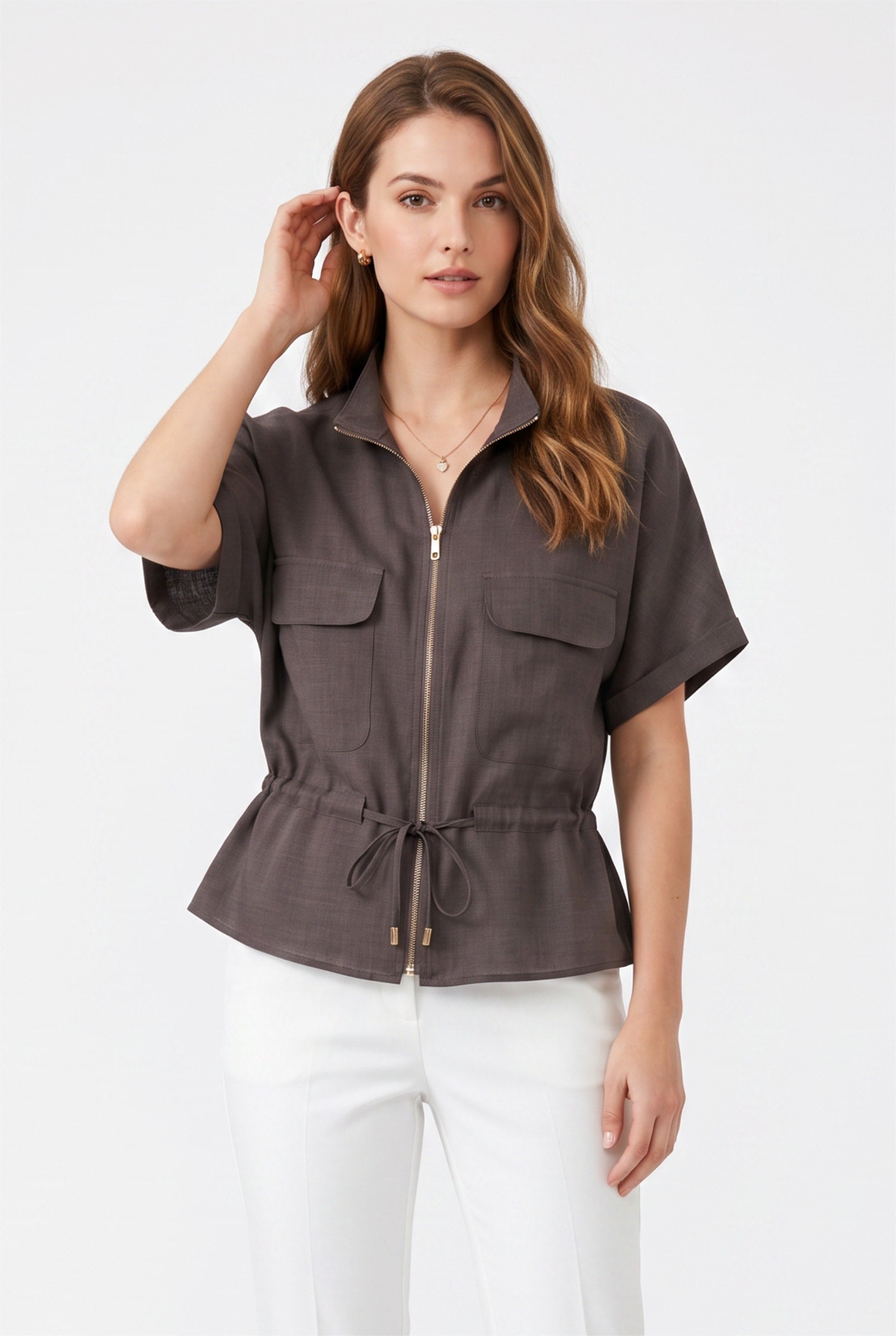 Charcoal Zip-Front Drawstring Utility Jacket