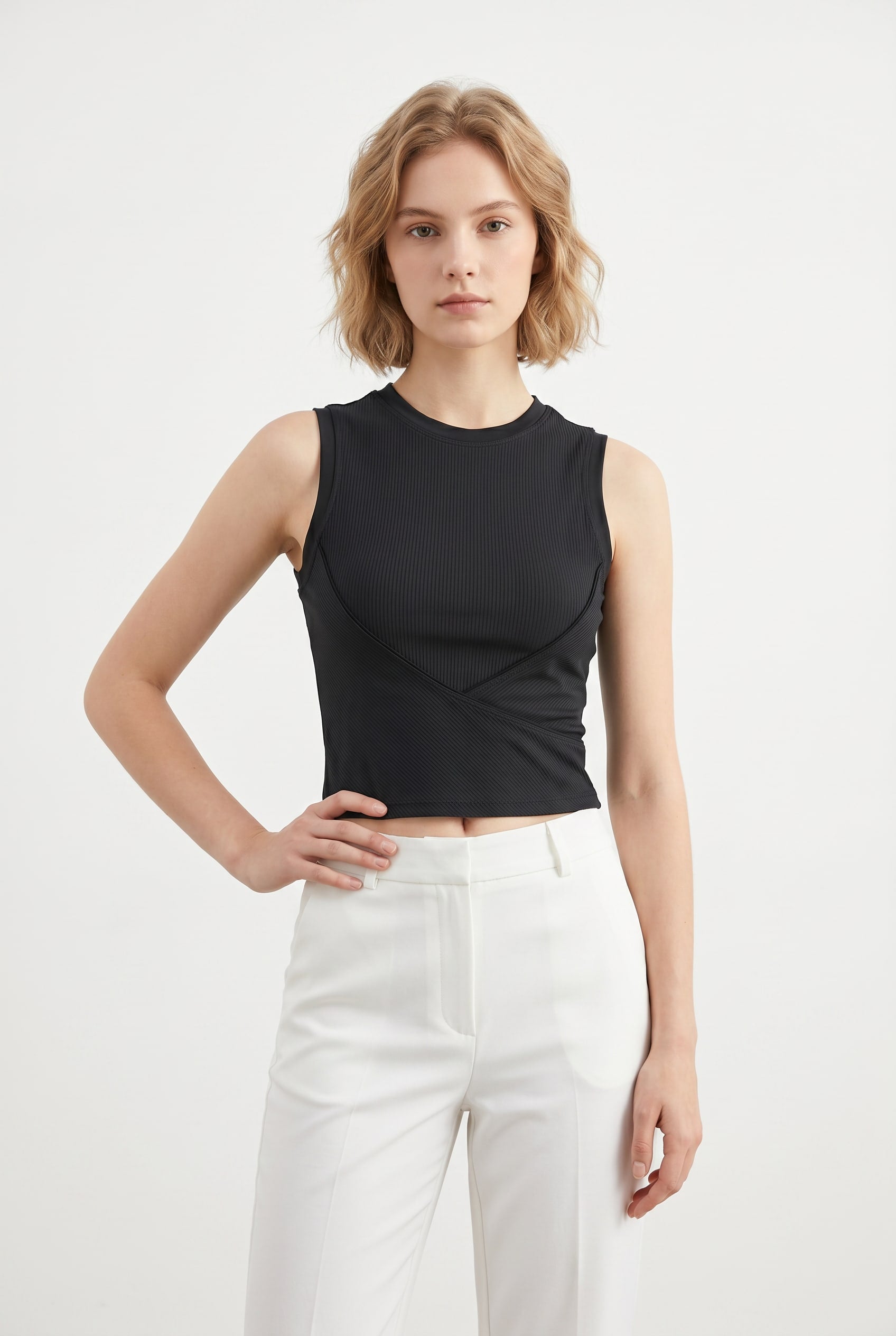 Black Ribbed Crossover Crop Tank