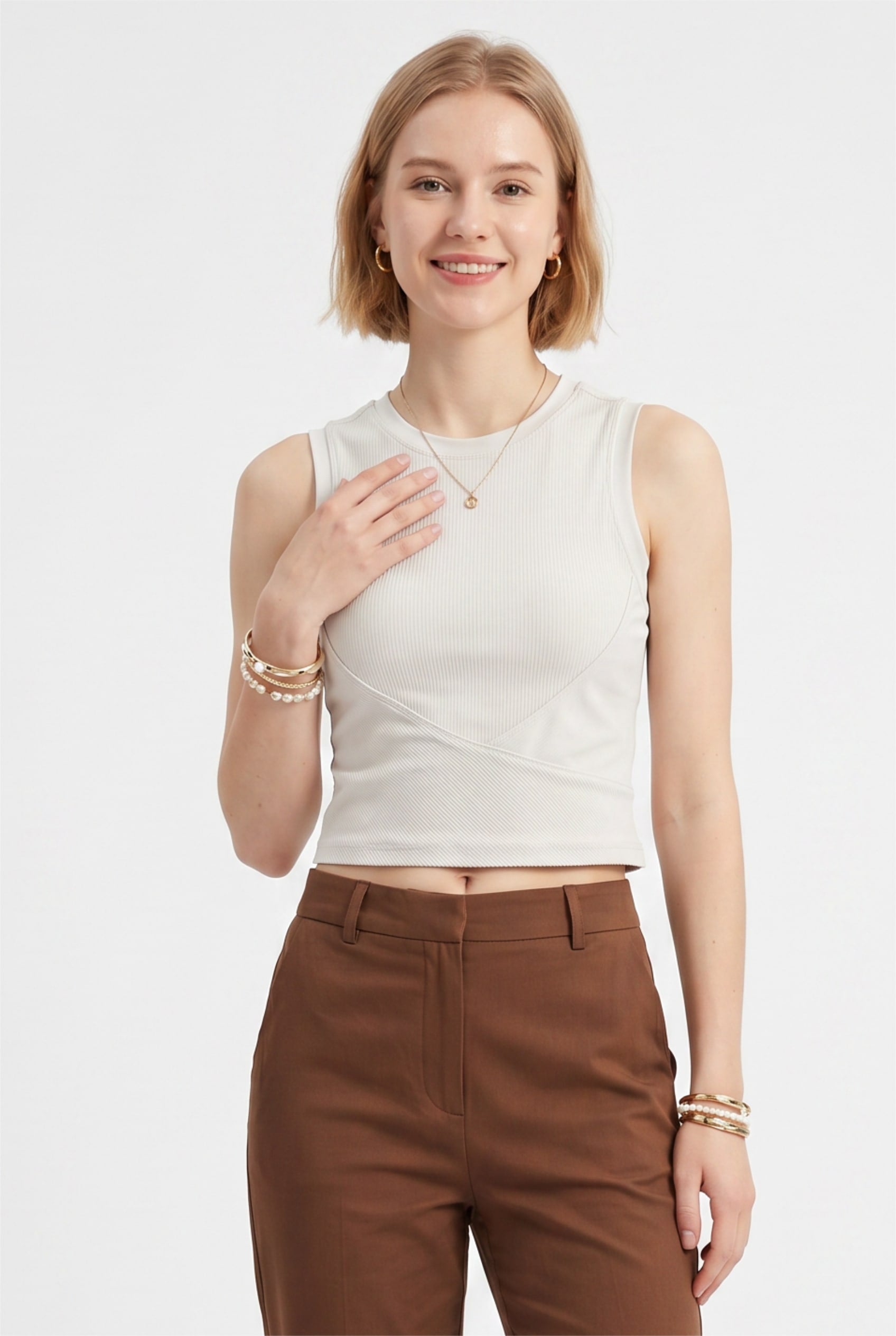 Cream Ribbed Cropped Sleeveless Top