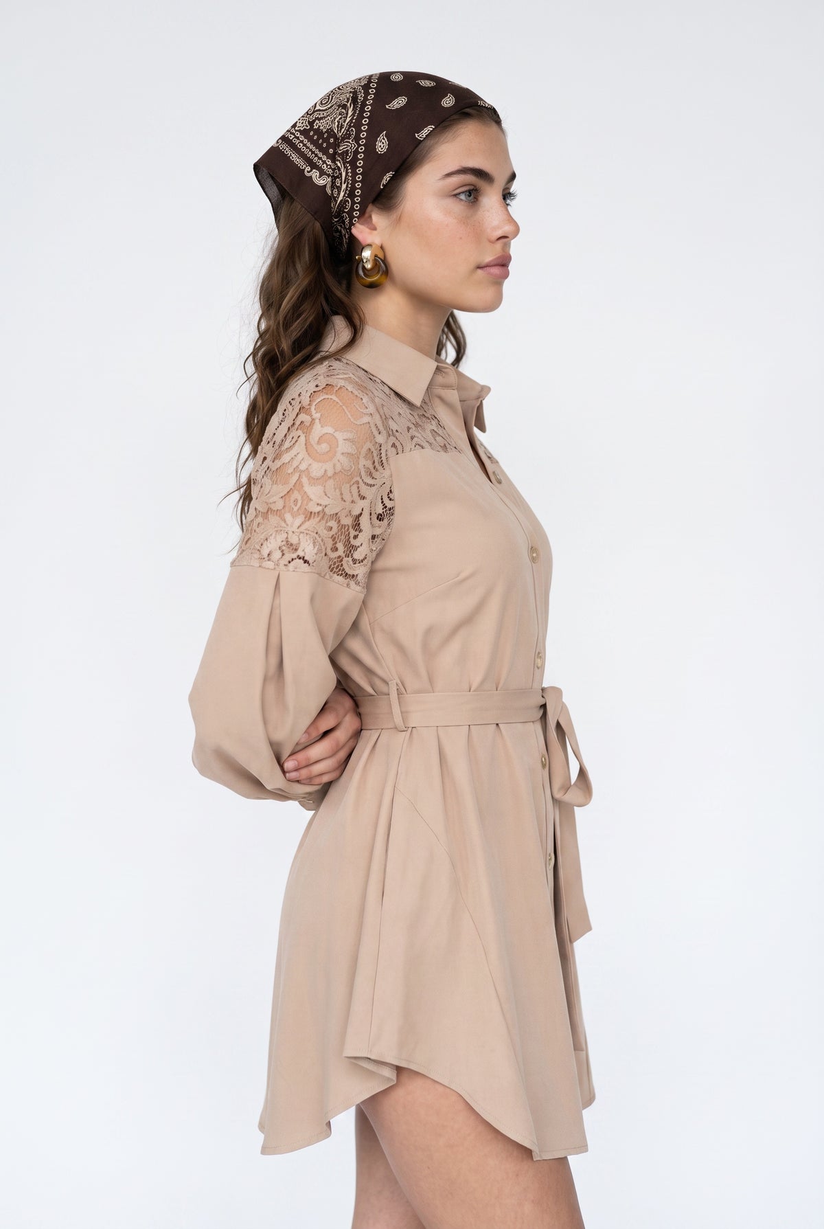 Beige Lace Shoulder Shirt Dress