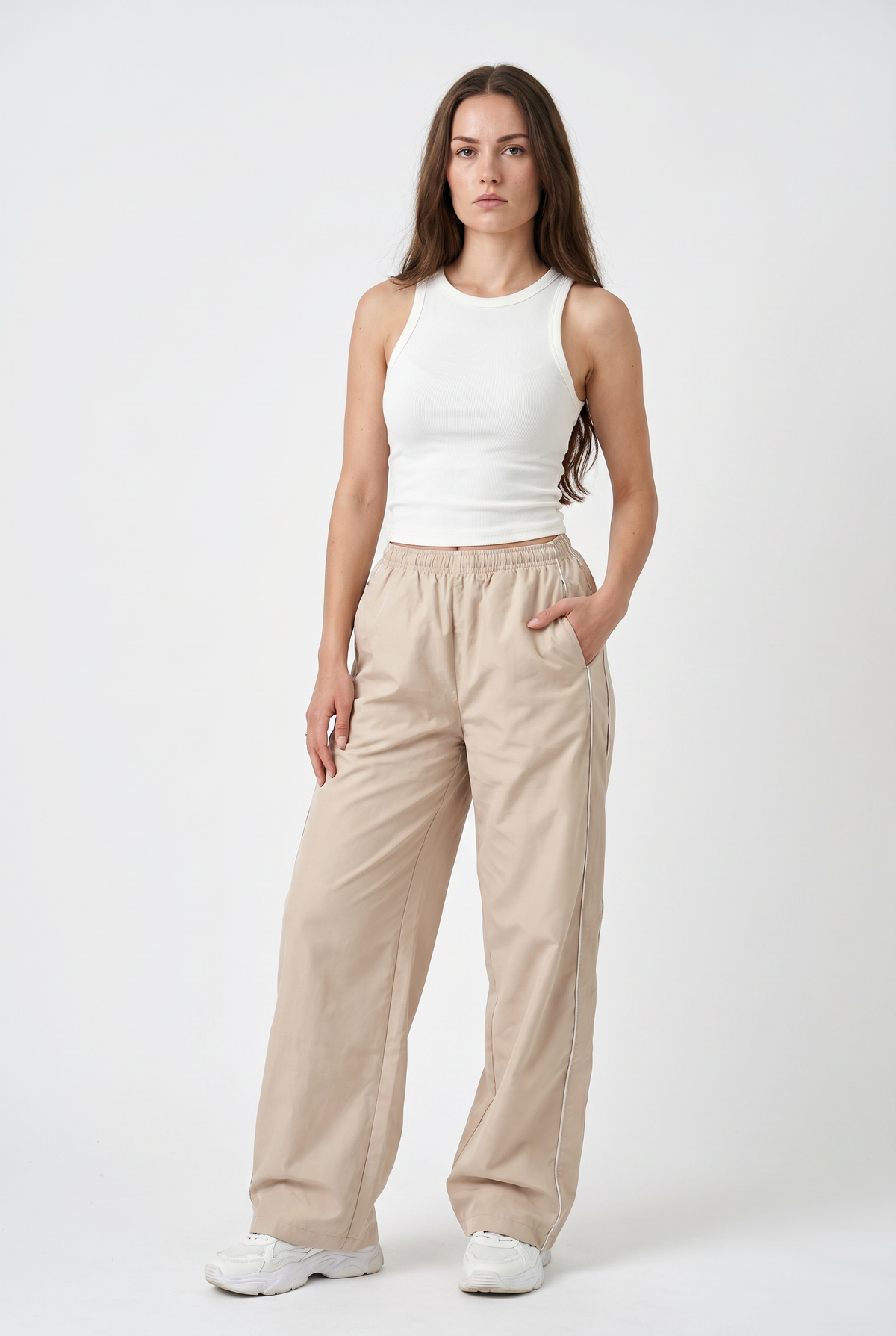 Beige Wide Leg Track Pants
