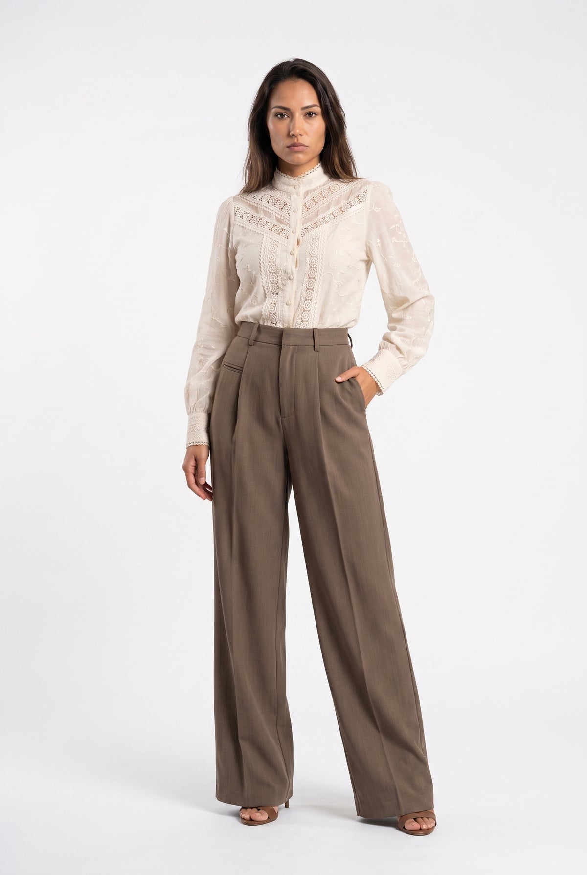 Brown Wide Leg Tailored Trousers