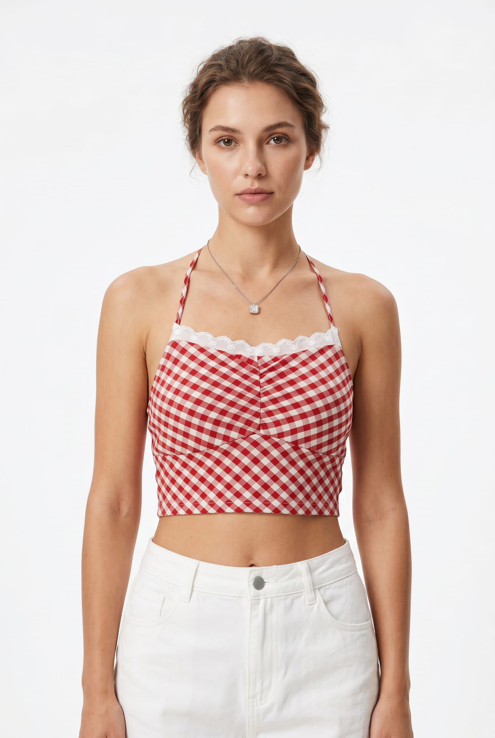 Red Gingham Halter Crop Top
