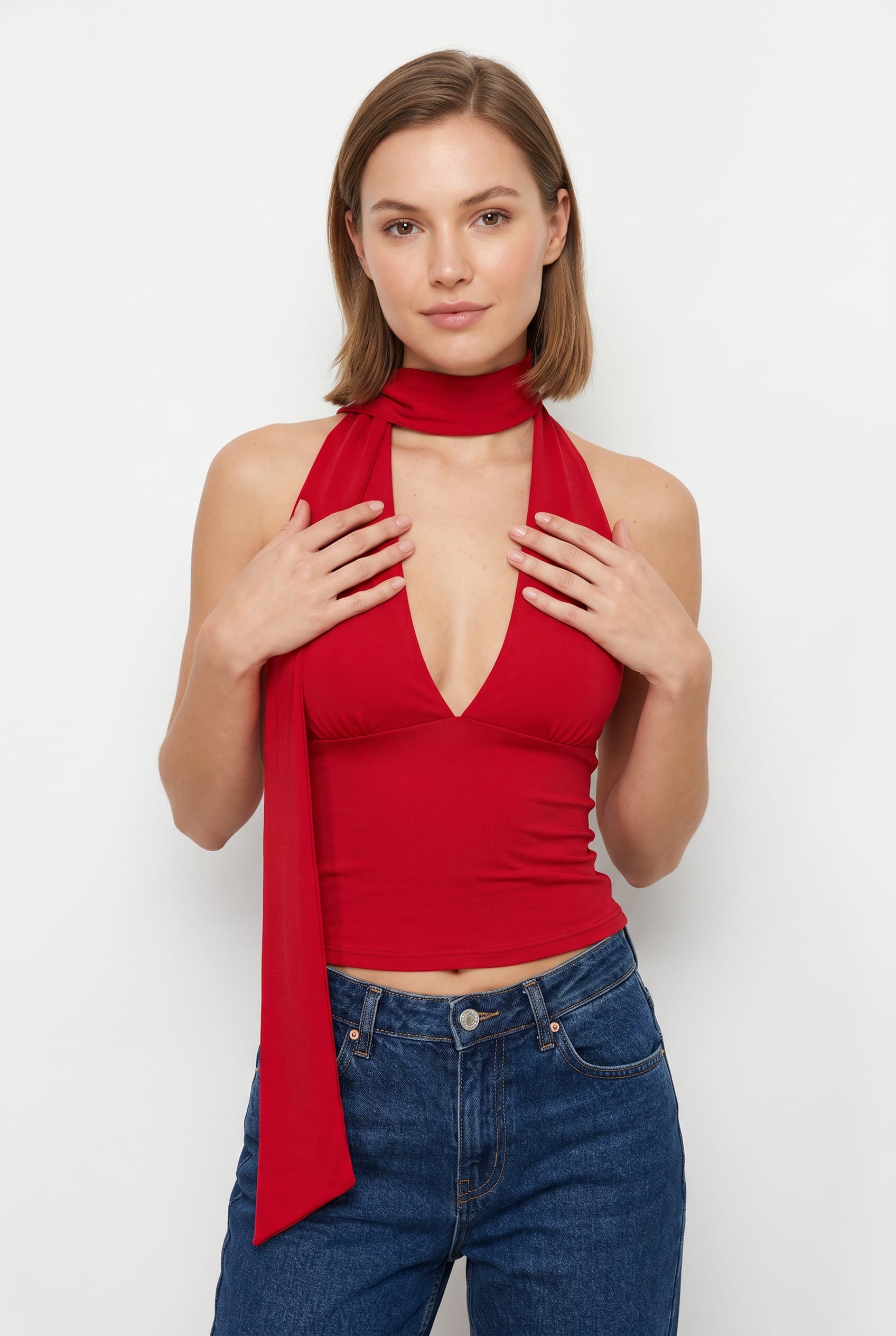 Red Halter Neck Plunge Top