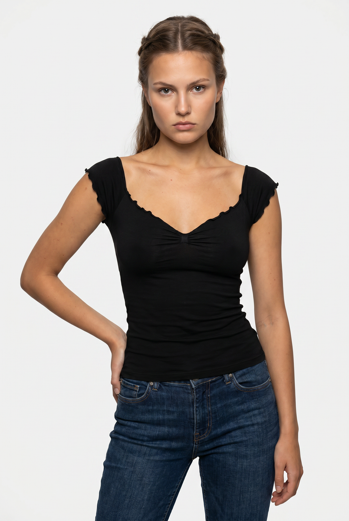 Black Scallop Edge Cap Blouse