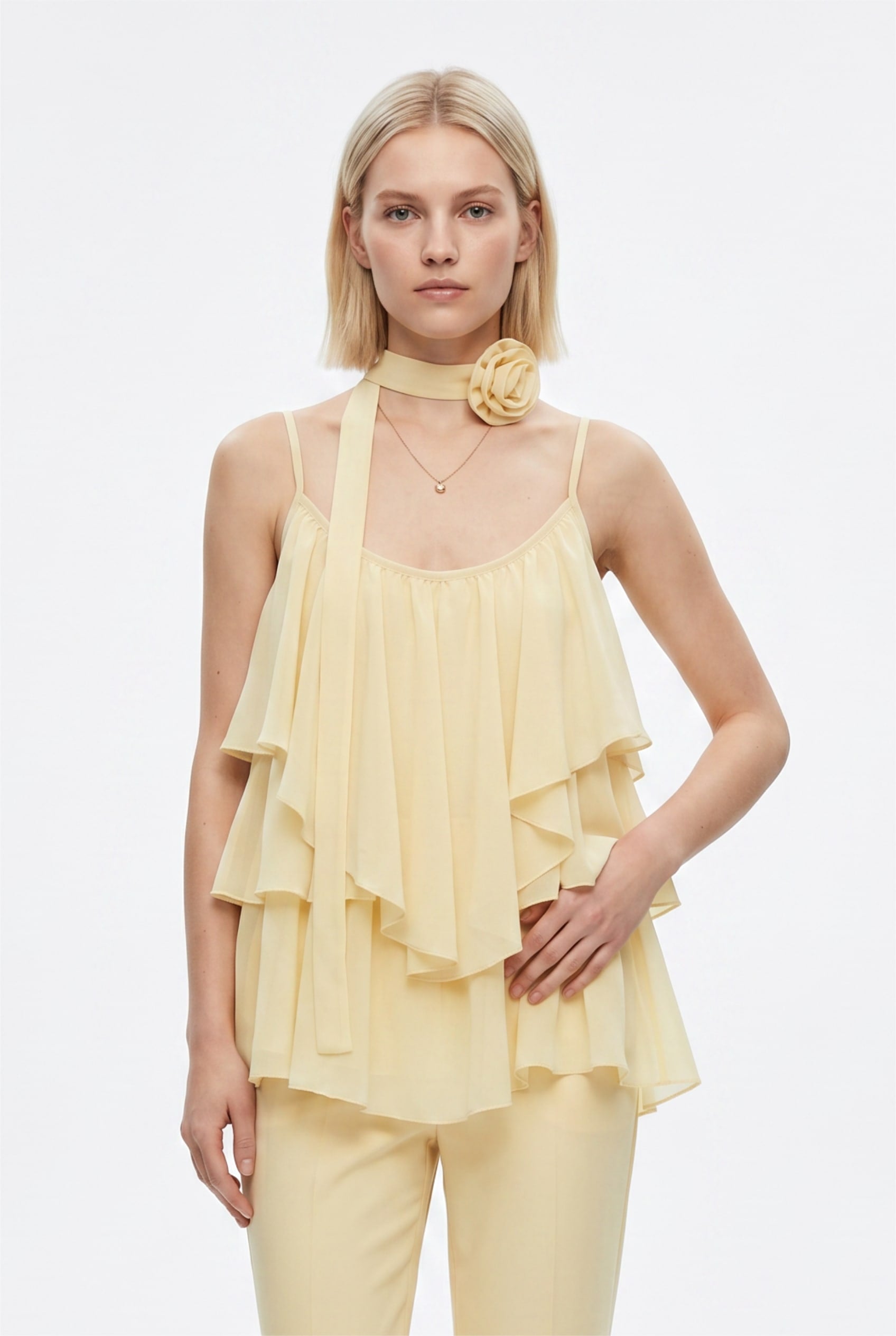 Pale Yellow Tiered Ruffle Cami Top