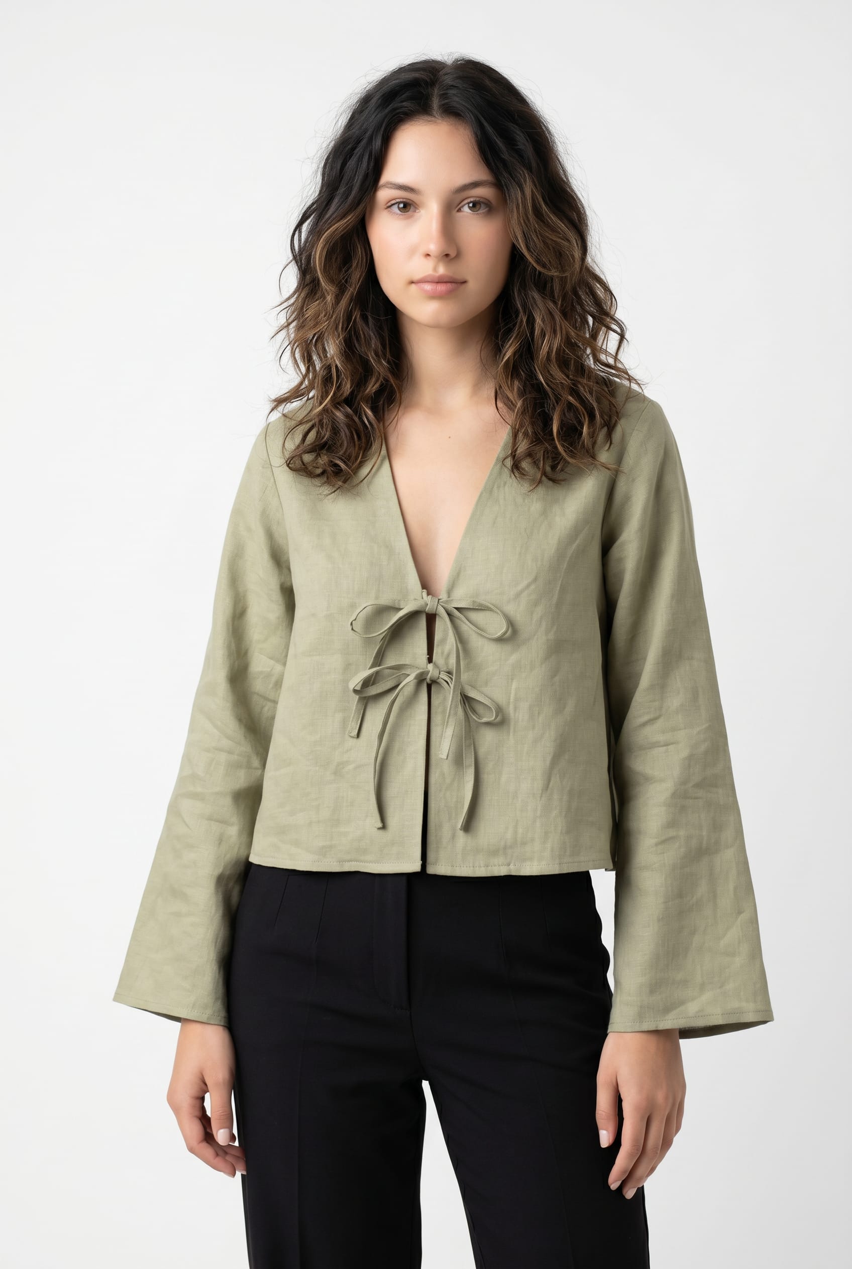 Sage Green Linen Tie-Front Jacket