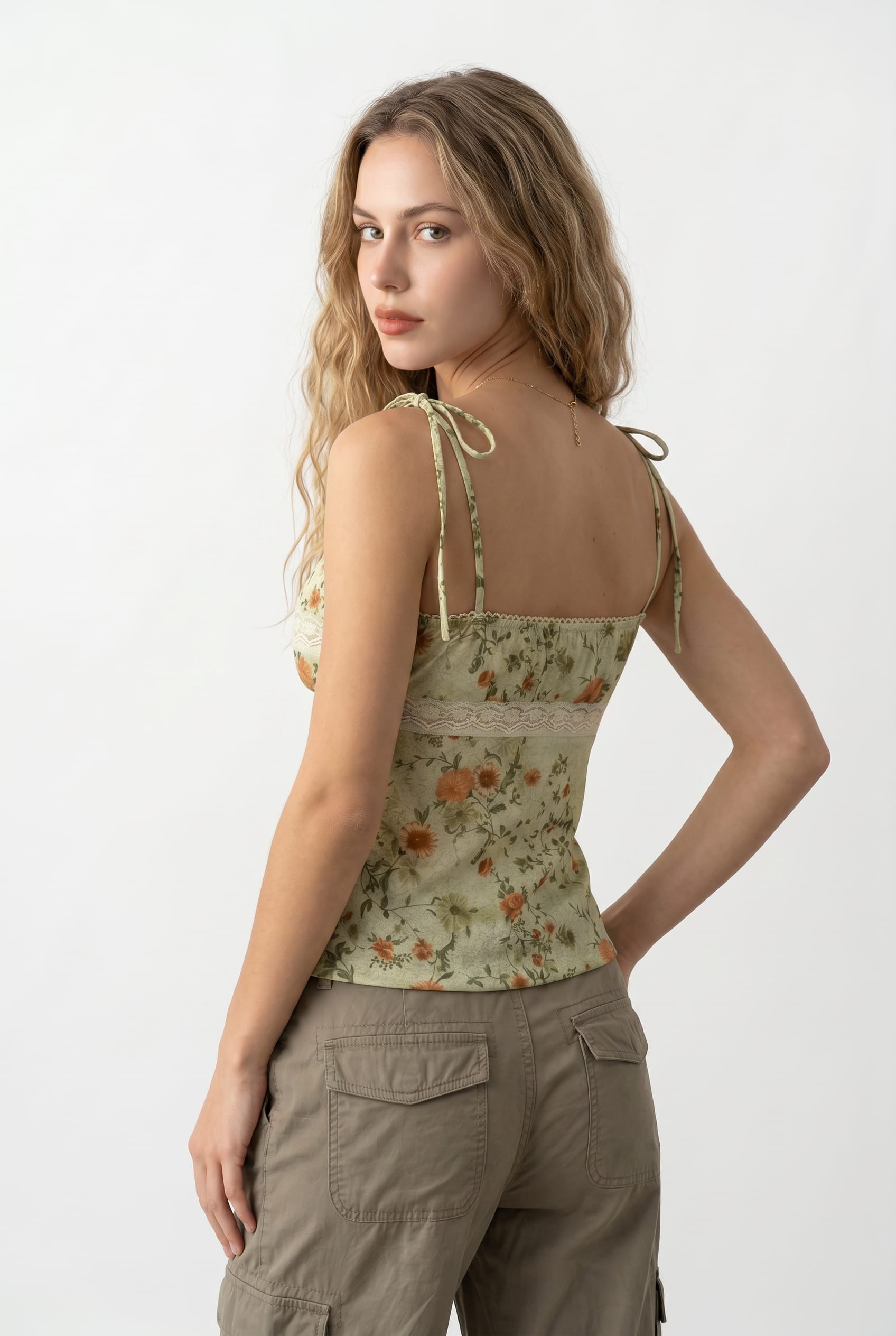 Sage Floral Lace Trim Cami Top