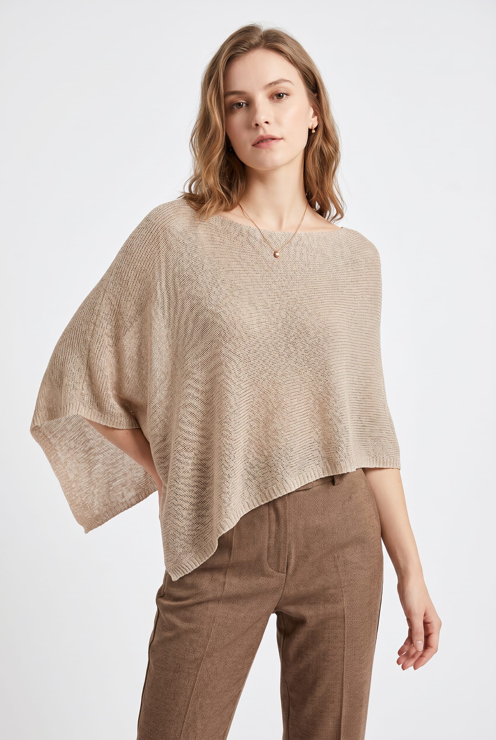 Beige Linen Blend Poncho Sweater