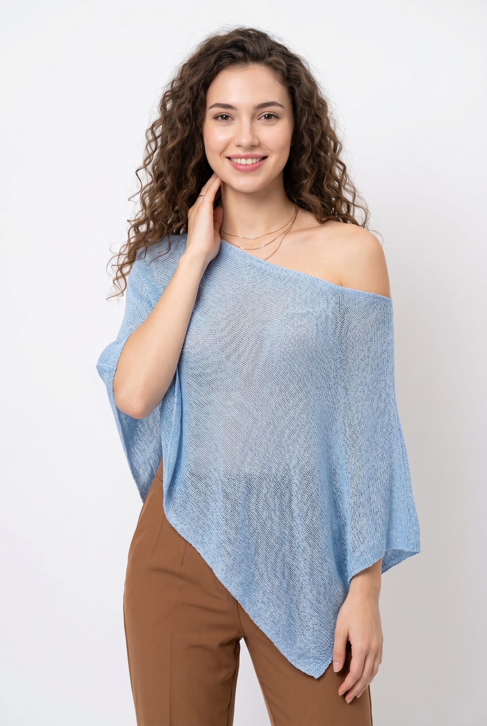 Sky Blue Off-Shoulder Asymmetric Knit