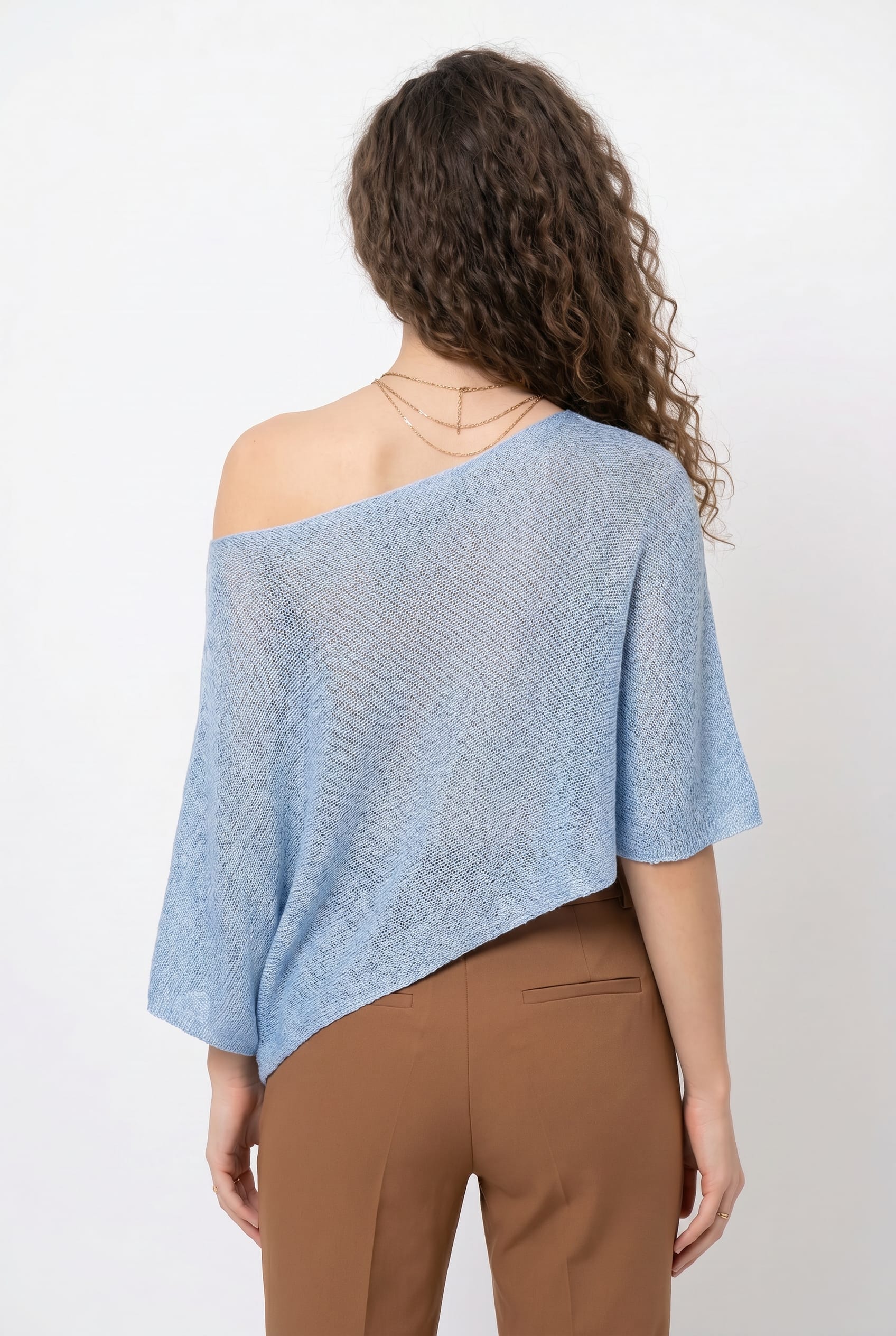 Sky Blue Off-Shoulder Asymmetric Knit