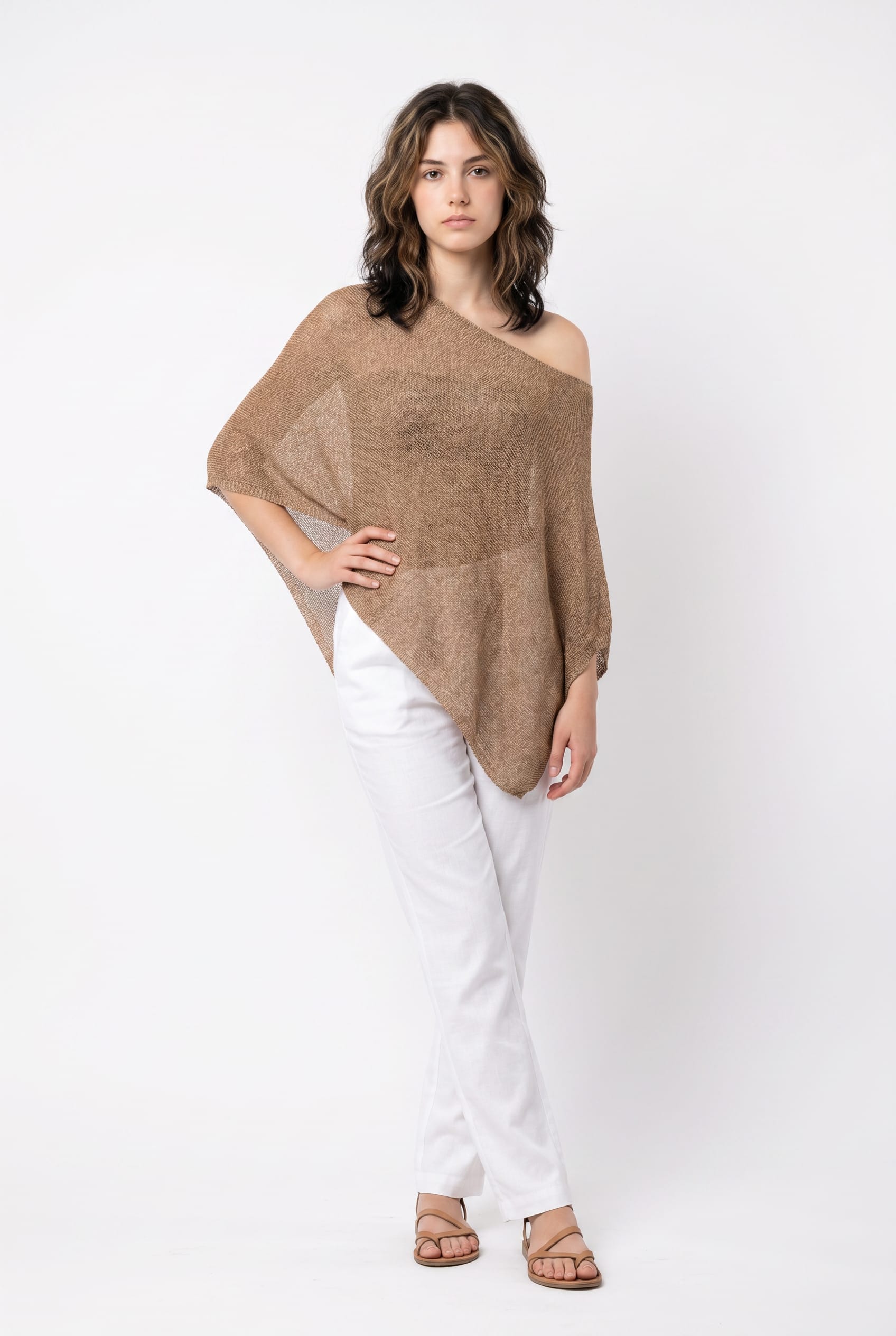 Camel Asymmetric Off-Shoulder Knit Poncho