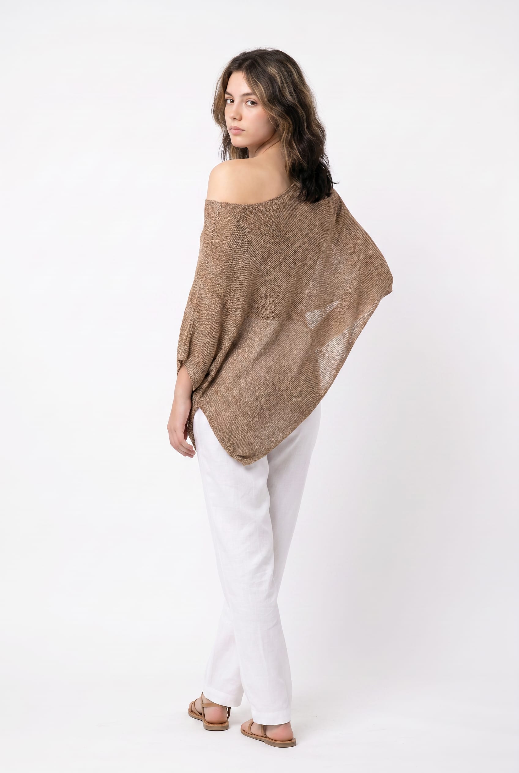 Camel Asymmetric Off-Shoulder Knit Poncho