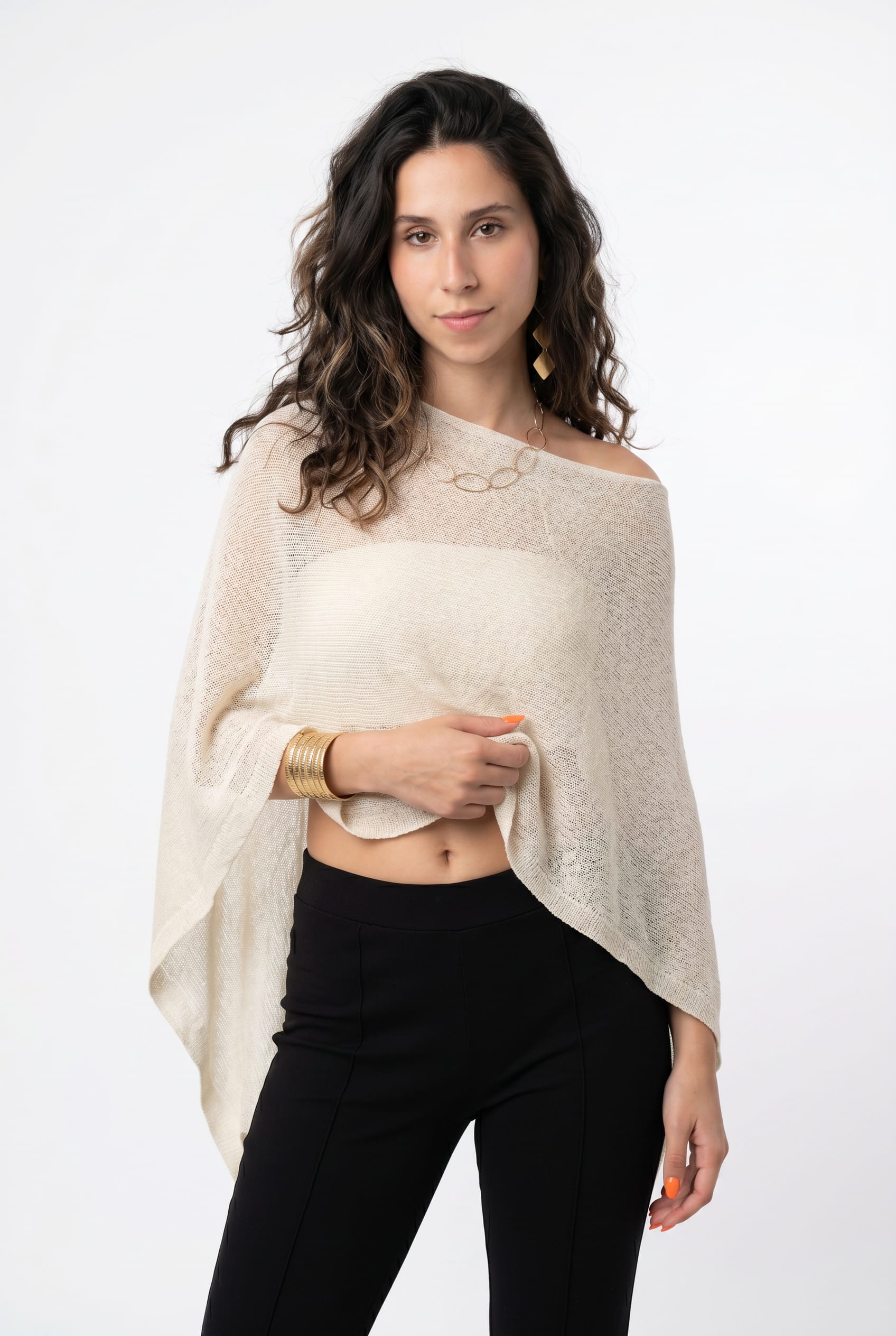 Cream Sheer Knit Draped Poncho