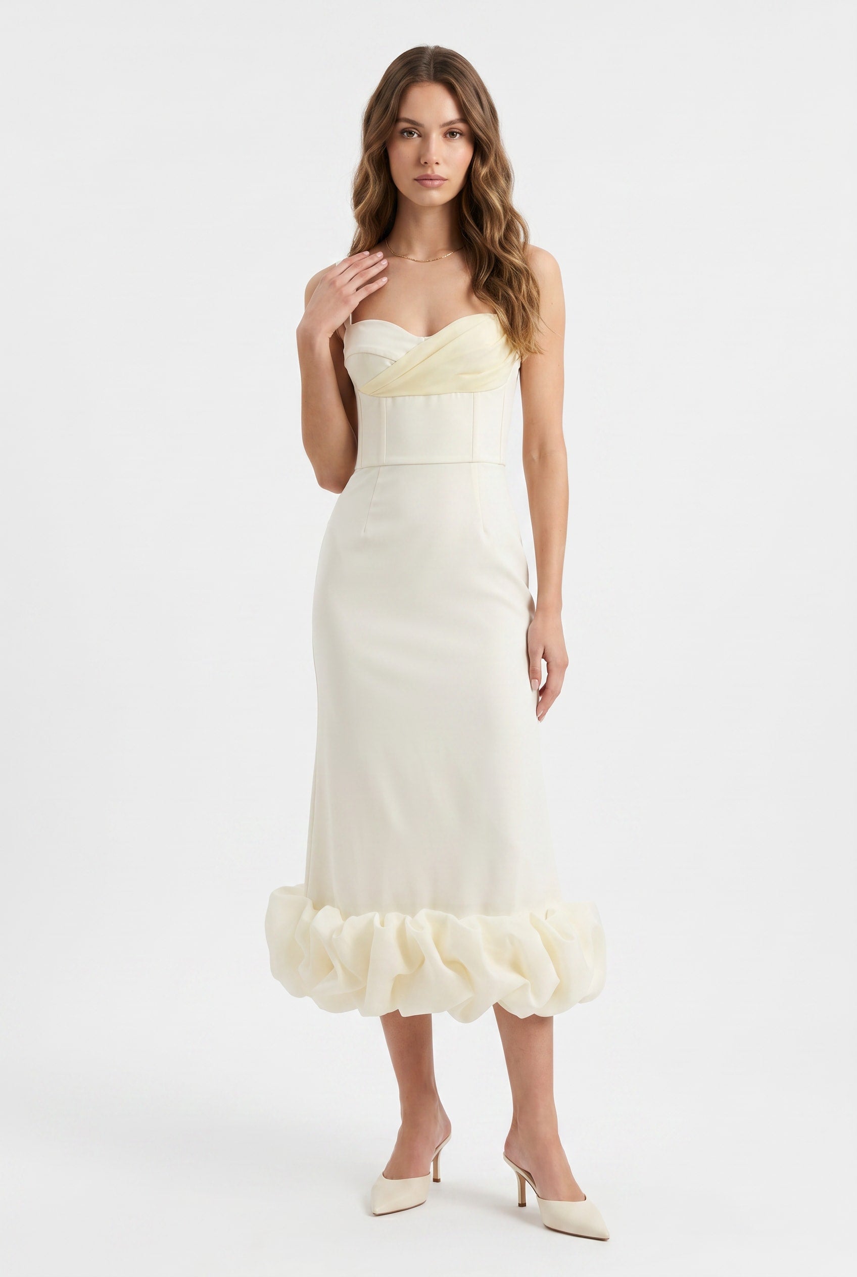 Ivory Strapless Midi Dress Ruffled Hem