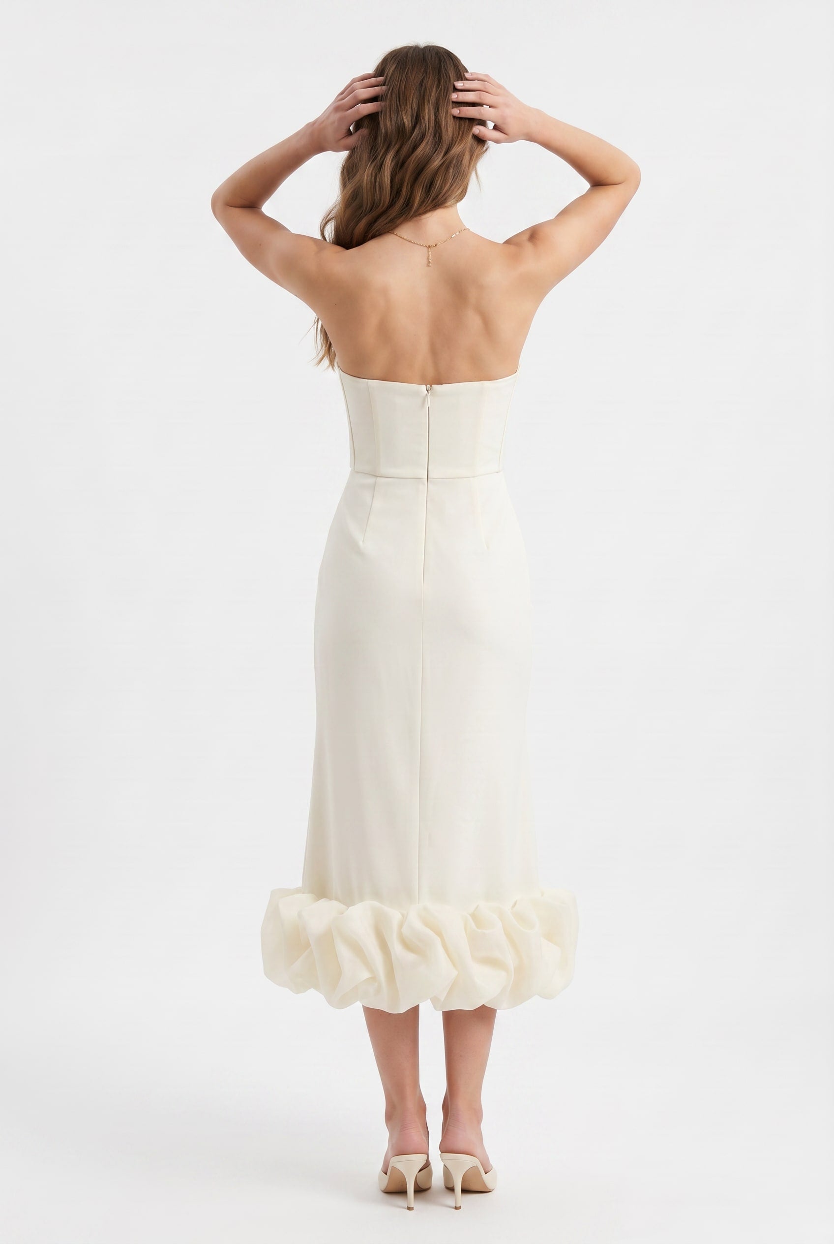 Ivory Strapless Midi Dress Ruffled Hem