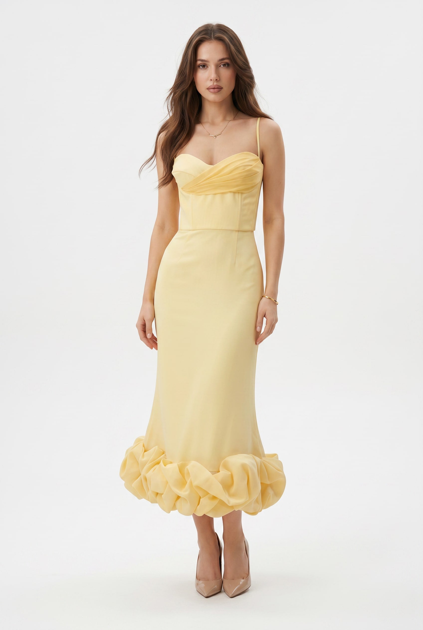 Butter Yellow Ruffle Hem Midi Dress