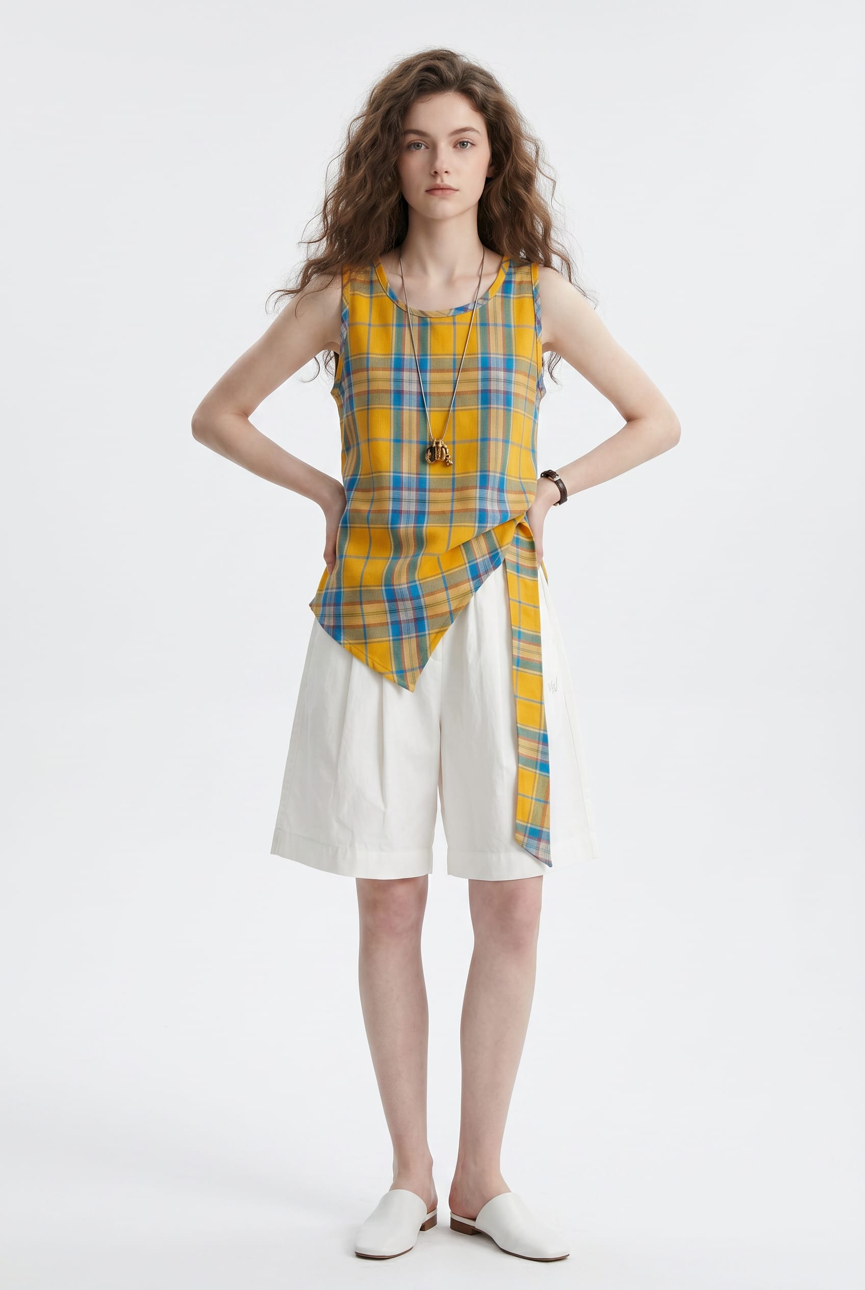 Yellow Plaid Asymmetric Sleeveless Top