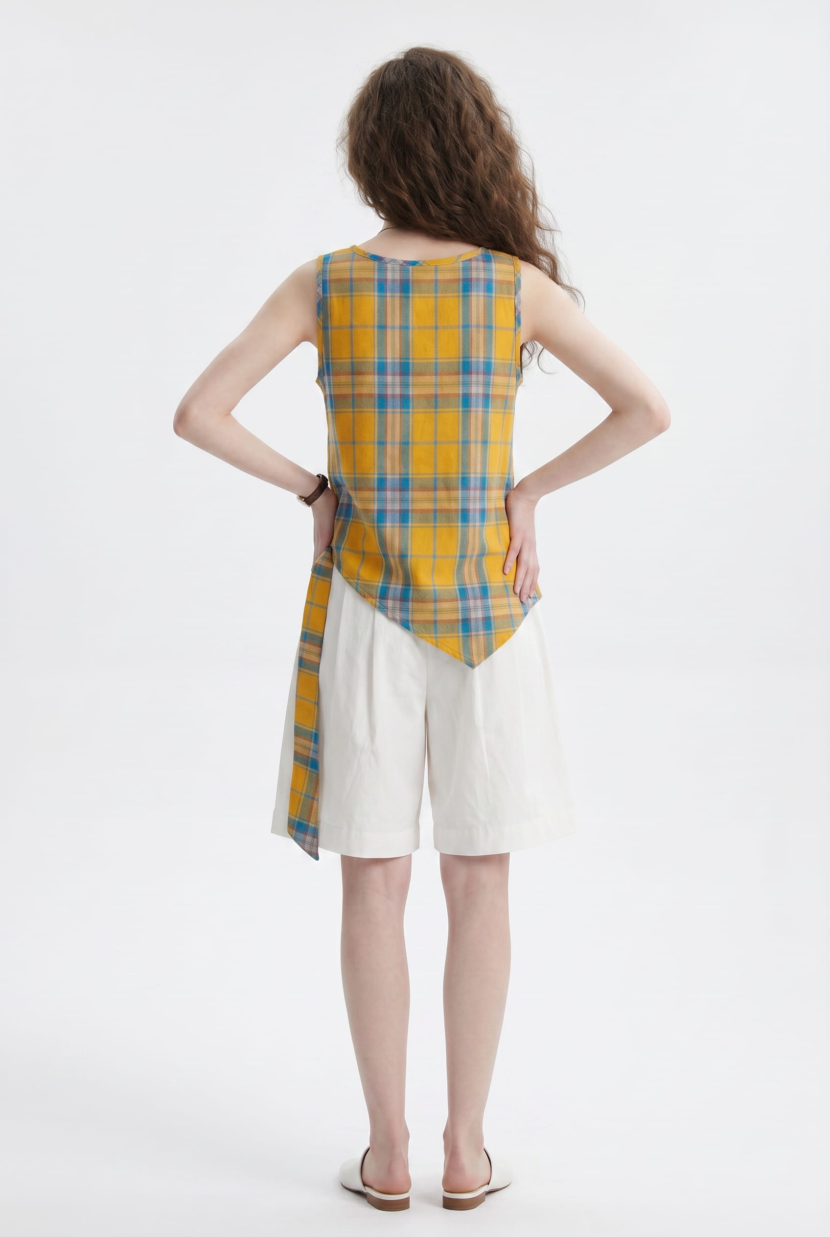 Yellow Plaid Asymmetric Sleeveless Top