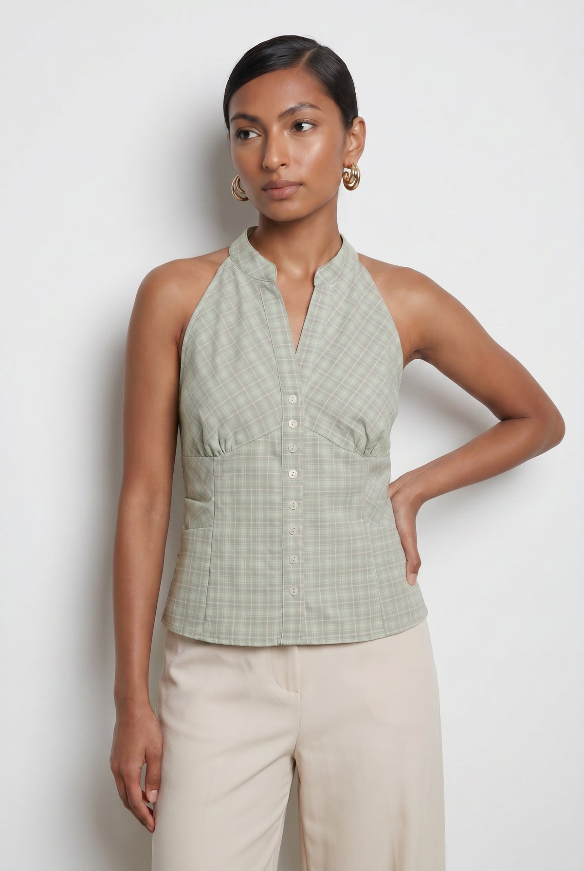 Sage Green Plaid Halter Blouse