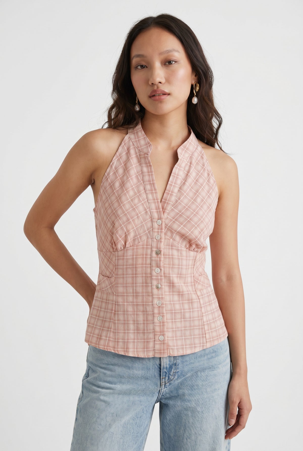 Pink Plaid Cotton Halter Blouse