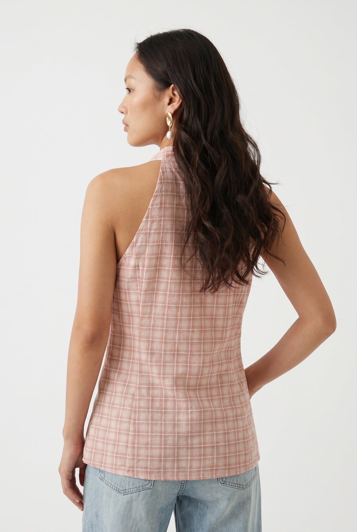 Pink Plaid Cotton Halter Blouse