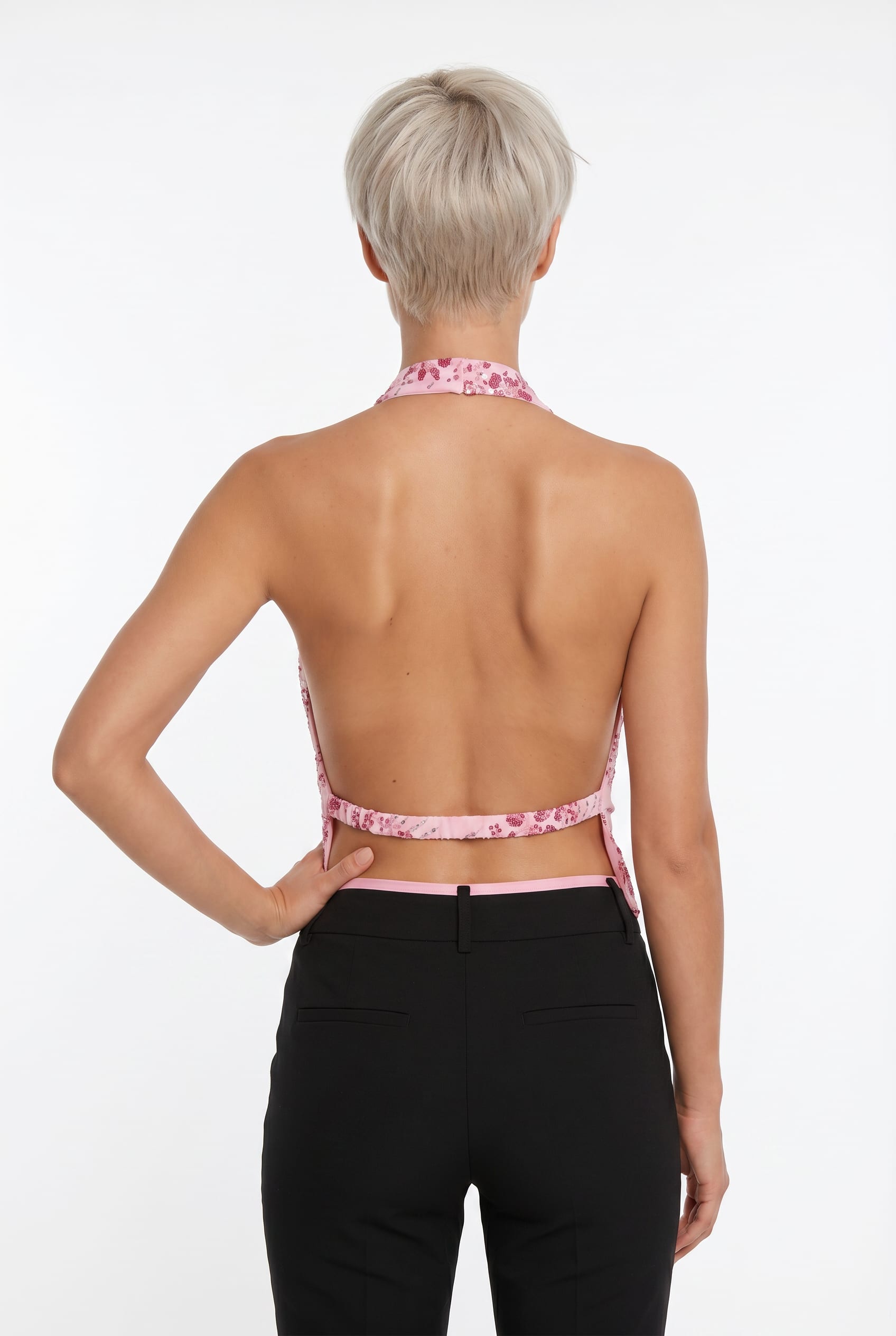 Pink Sequin Halter Neck Blouson Top